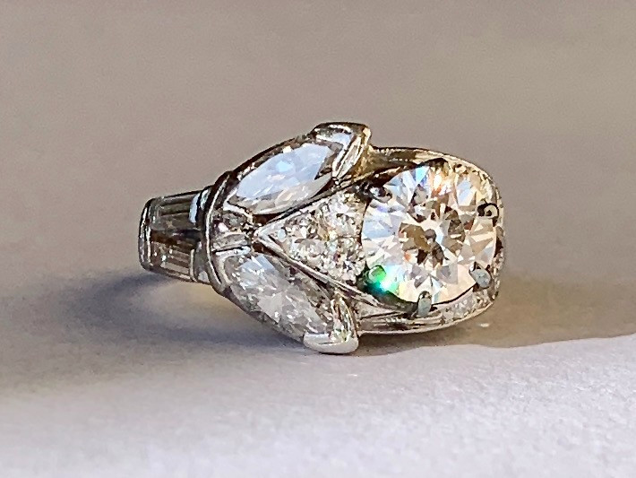 Estate Platinum Floral Burst Diamond Cluster Ring Simulated Center Stone
