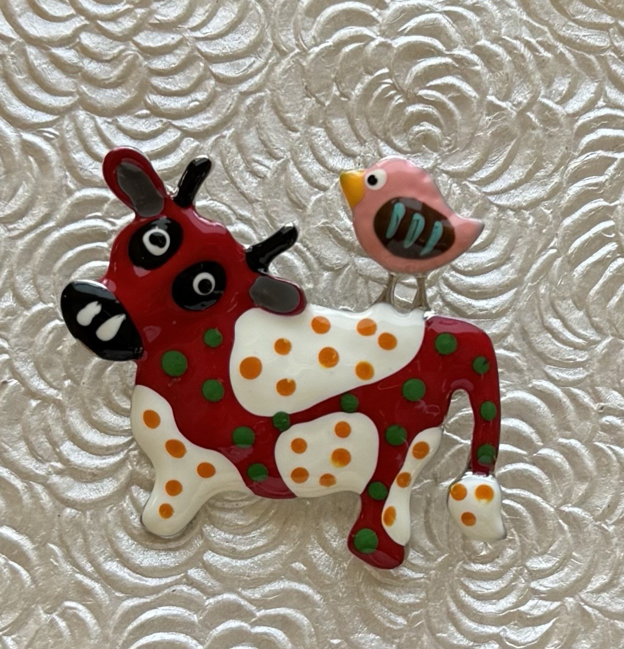 Enamel Cow / bird Brooch Pendant/ Enamel On Silver Tone Metal