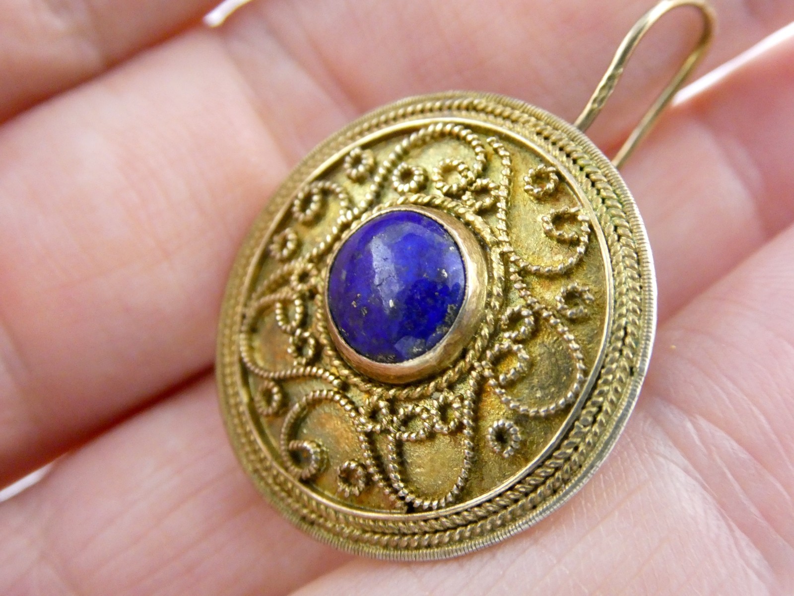 Vintage Gilt Sterling Silver Scroll Motif Lapis Lazuli Hook Earrings 7.3g 1.25In