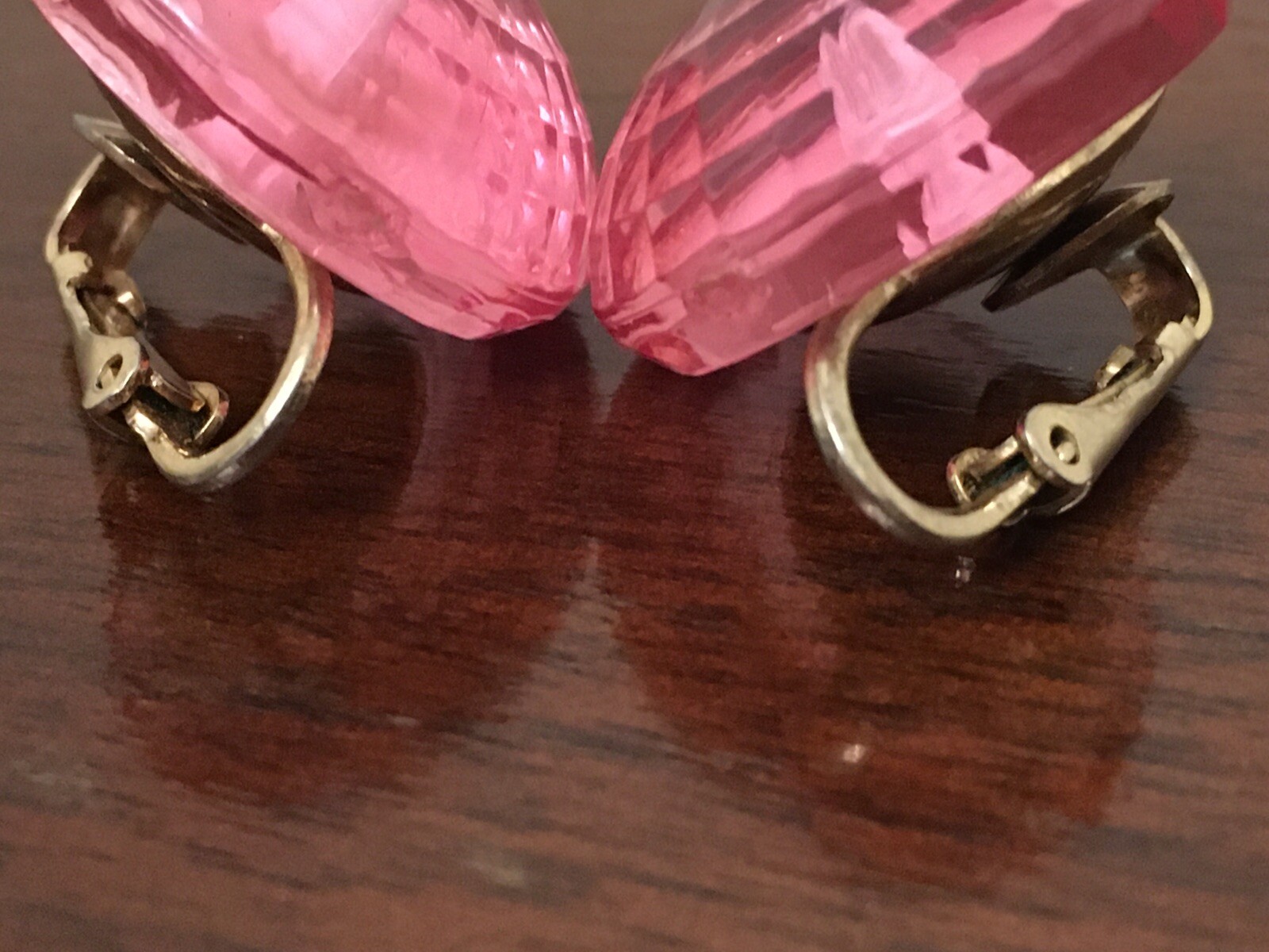 Vintage Dalshelm Earrings Pink Acrylic Plastic Faceted Gem Gold Tone Clip Ons