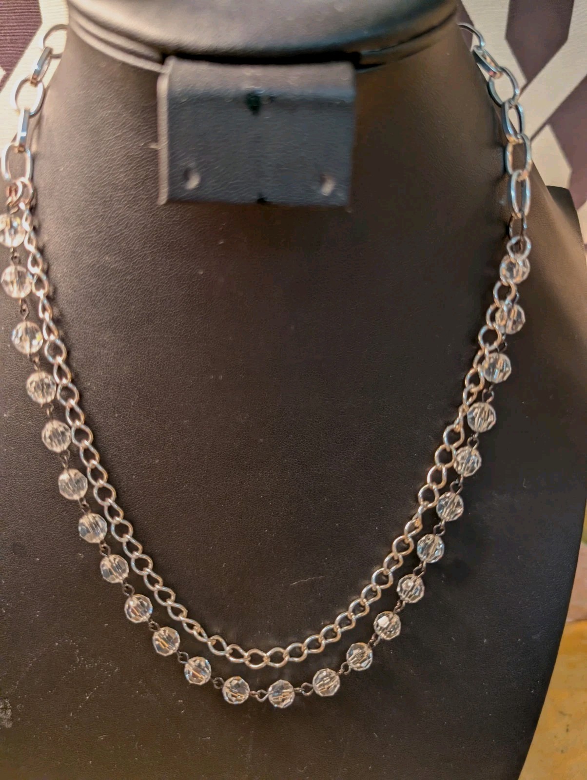 VTG NECKLACE 2 UNIQUE STRANDS ONE SILVER TONE CHAIN & ONE WITH FAUX CRYSTALS