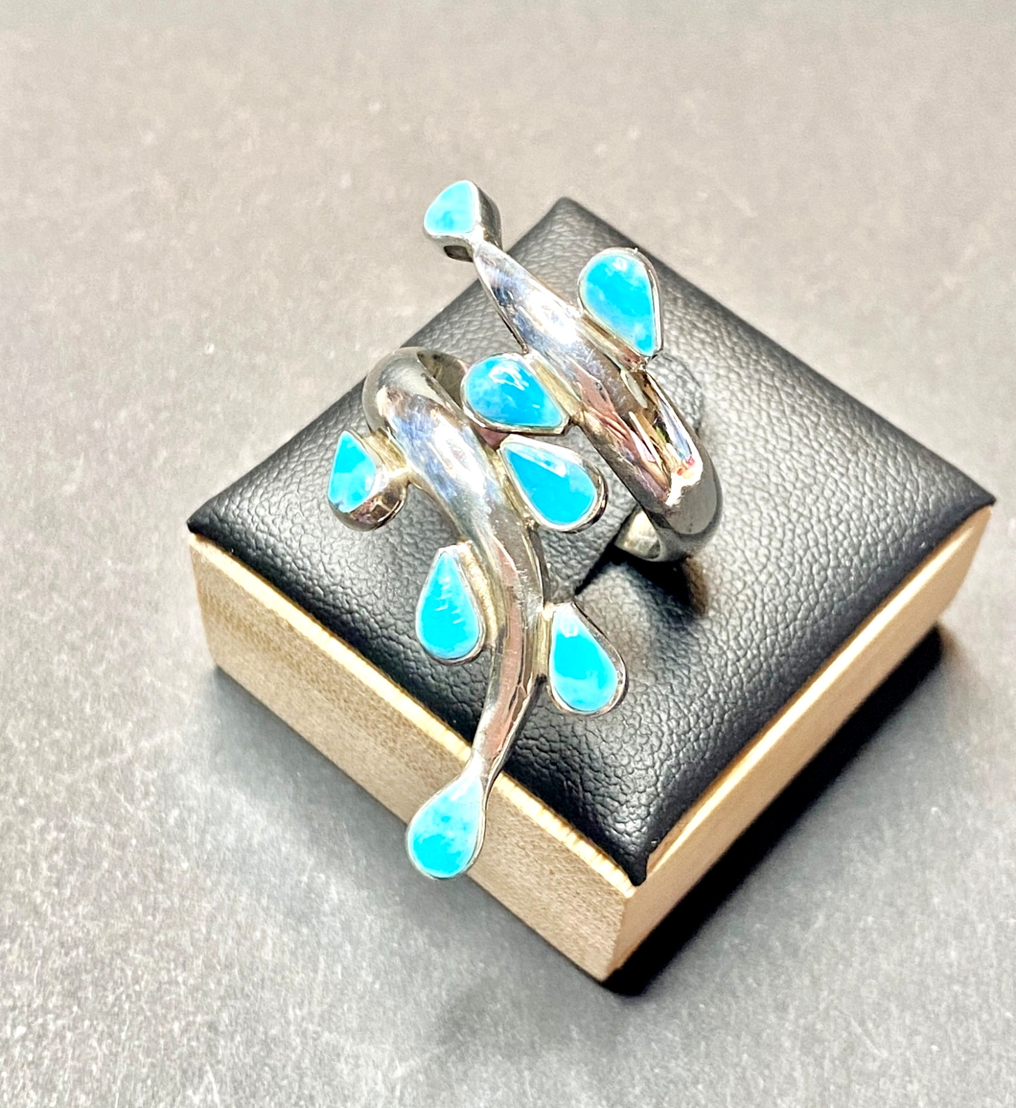 Vintage Sterling Silver Turquoise Dominique Dinouart Bypass Ring Size 8 1/2