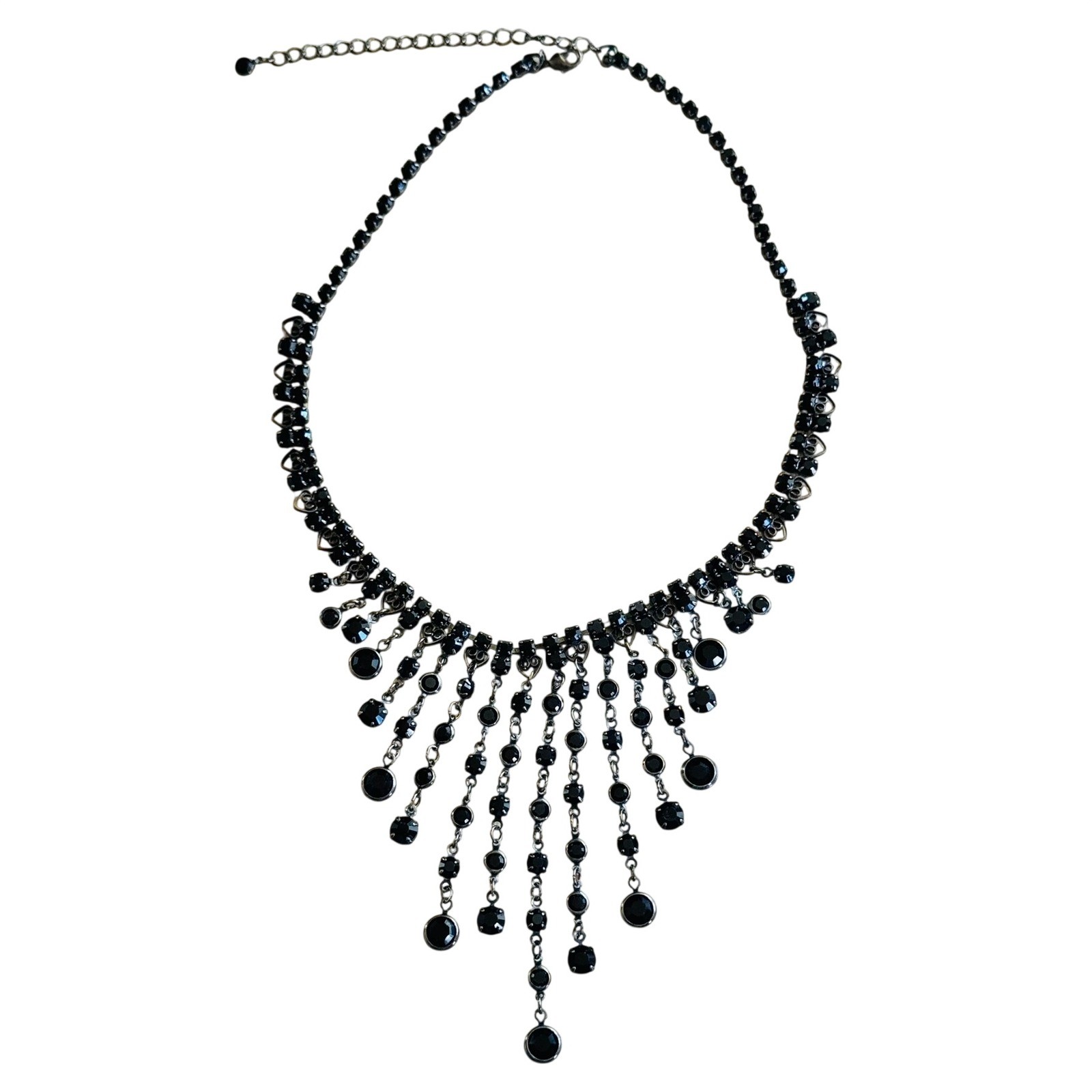 VTG Victorian Goth Style Black Glass Necklace Brass Waterfall Cascade Open Bezel