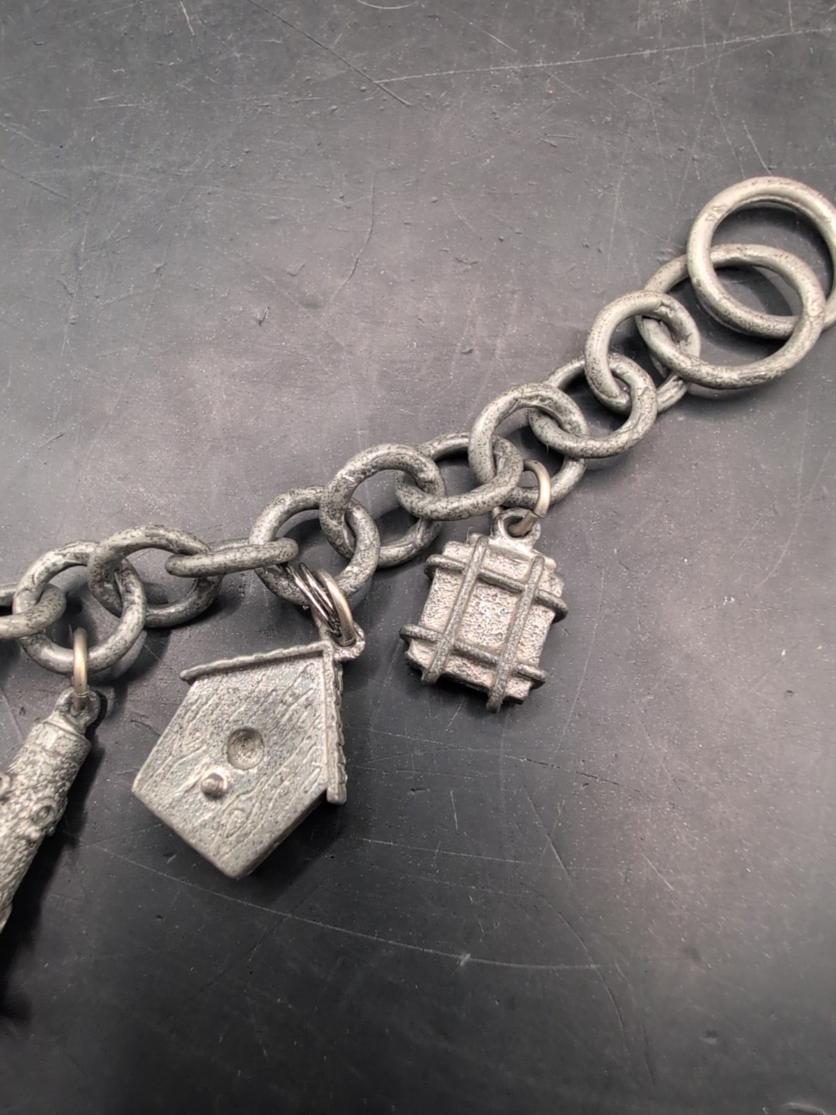 Vintage Jim Clift Pewter Signed Birdhouse/Bird Feeder Charm Bracelet Unique