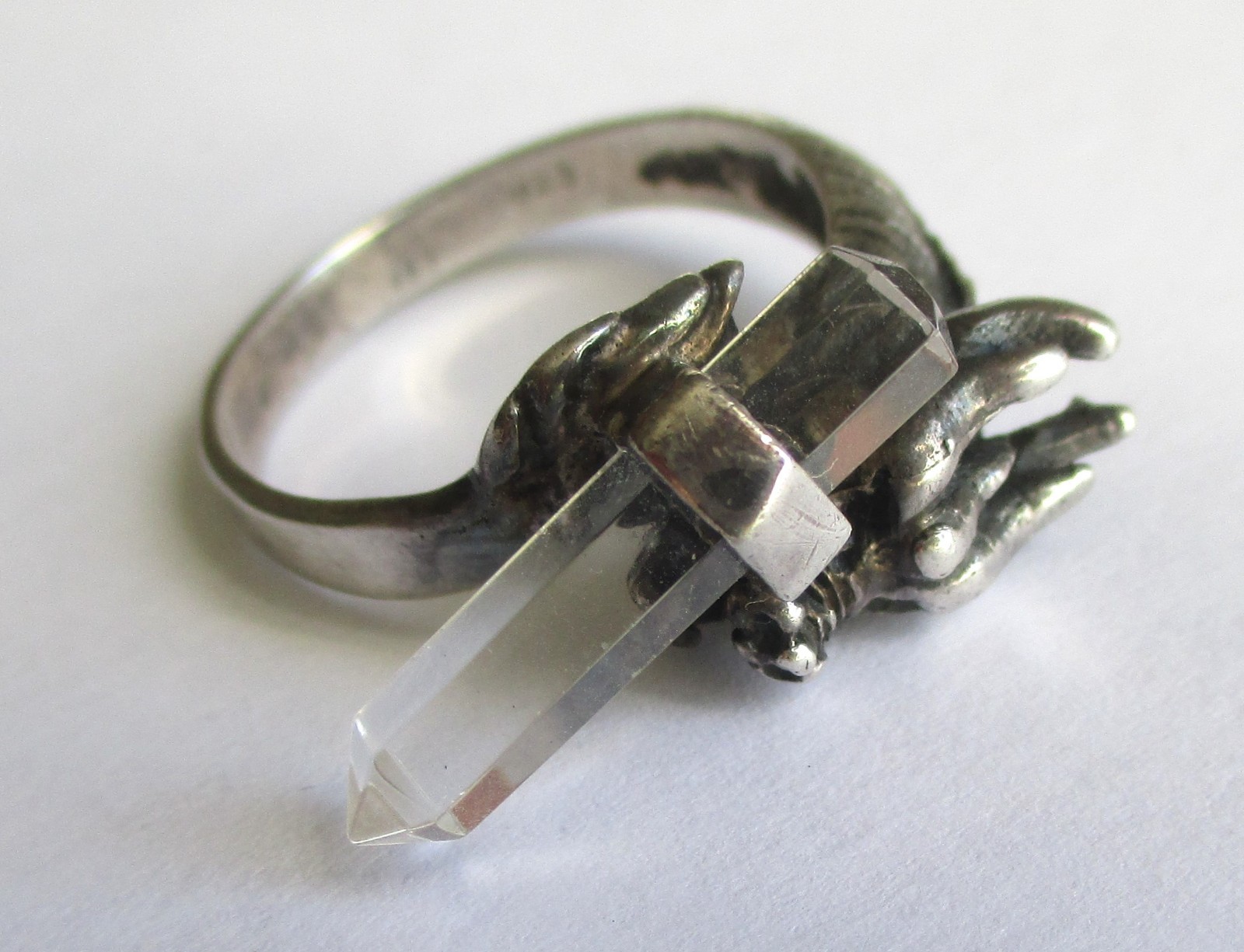 Sz 9.5 VINTAGE STERLING SILVER CLEAR QUARTZ ROCK CRYSTAL WAND DRAGON RING