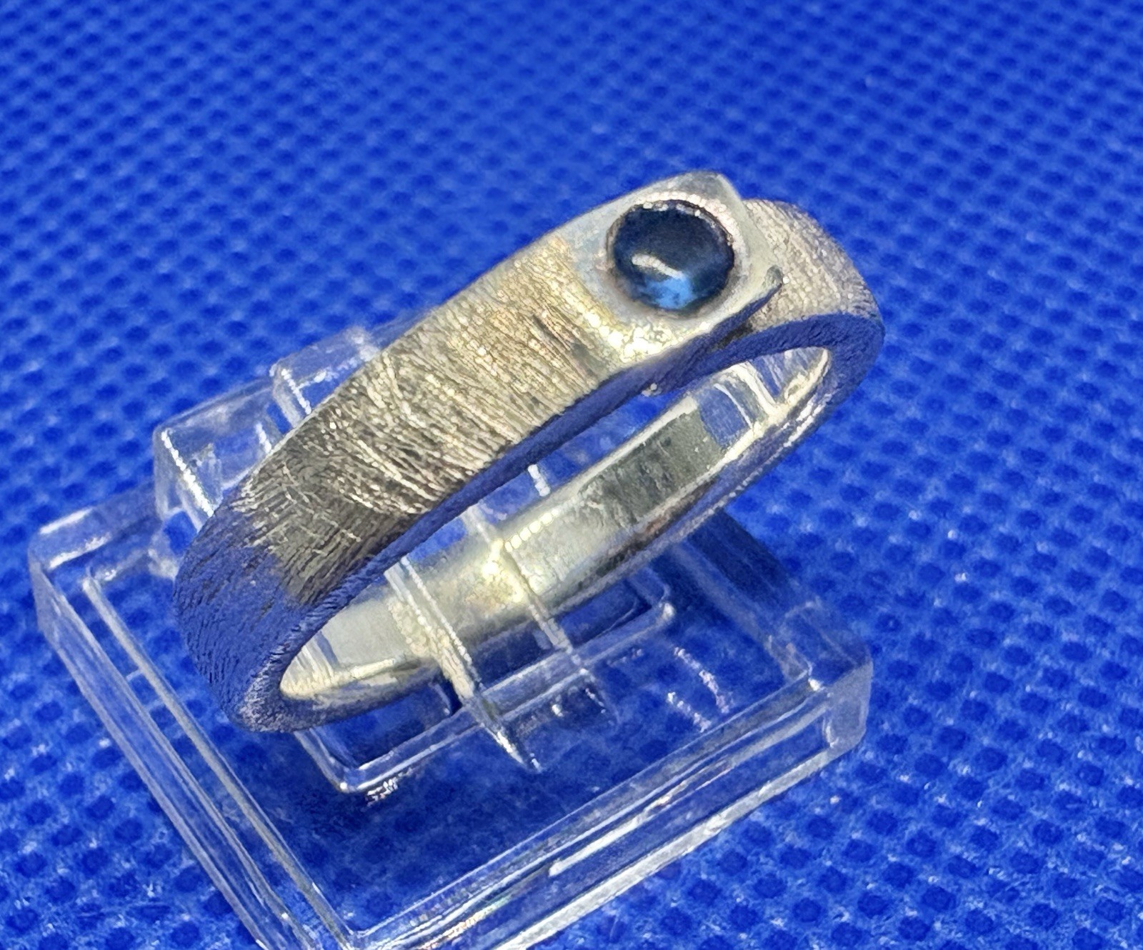 Y16 Brushed 925 Silver Ring size 7.5 Blue Sapphire Amazing 1970s Germany 4.77g