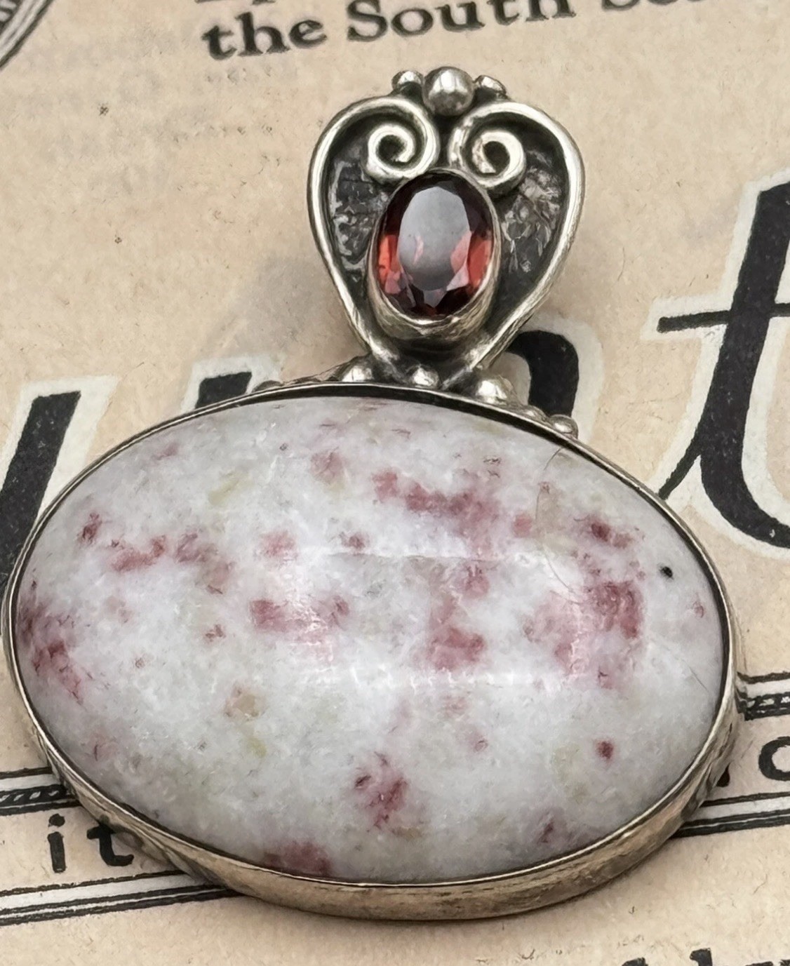 Vintage Pendant Sterling 925 Pink Flecked Stone Red Rhinestone ESTATE FIND