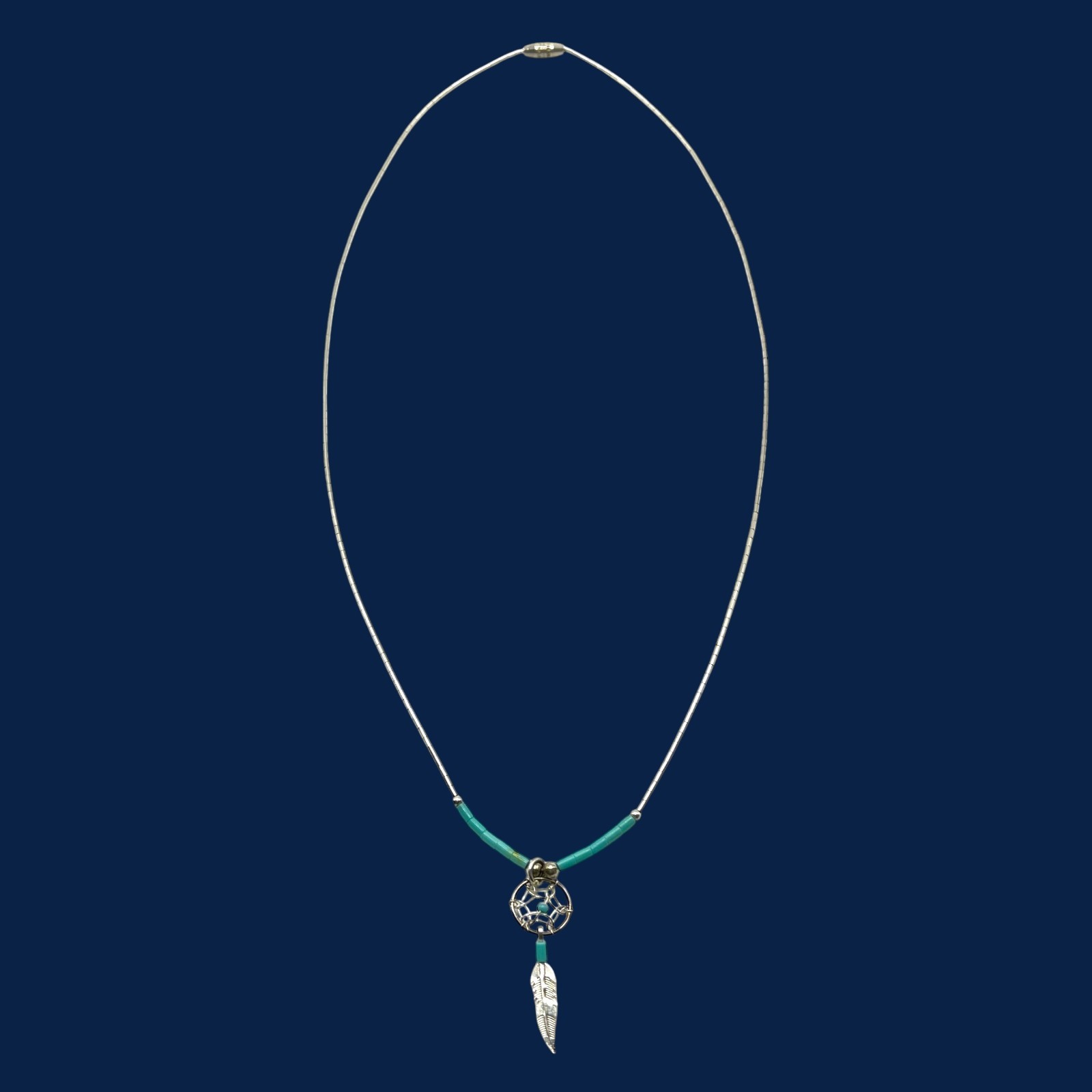 Vintage Liquid Silver Dreamcatcher Necklace Blue Bead Feather Charm Southwestern