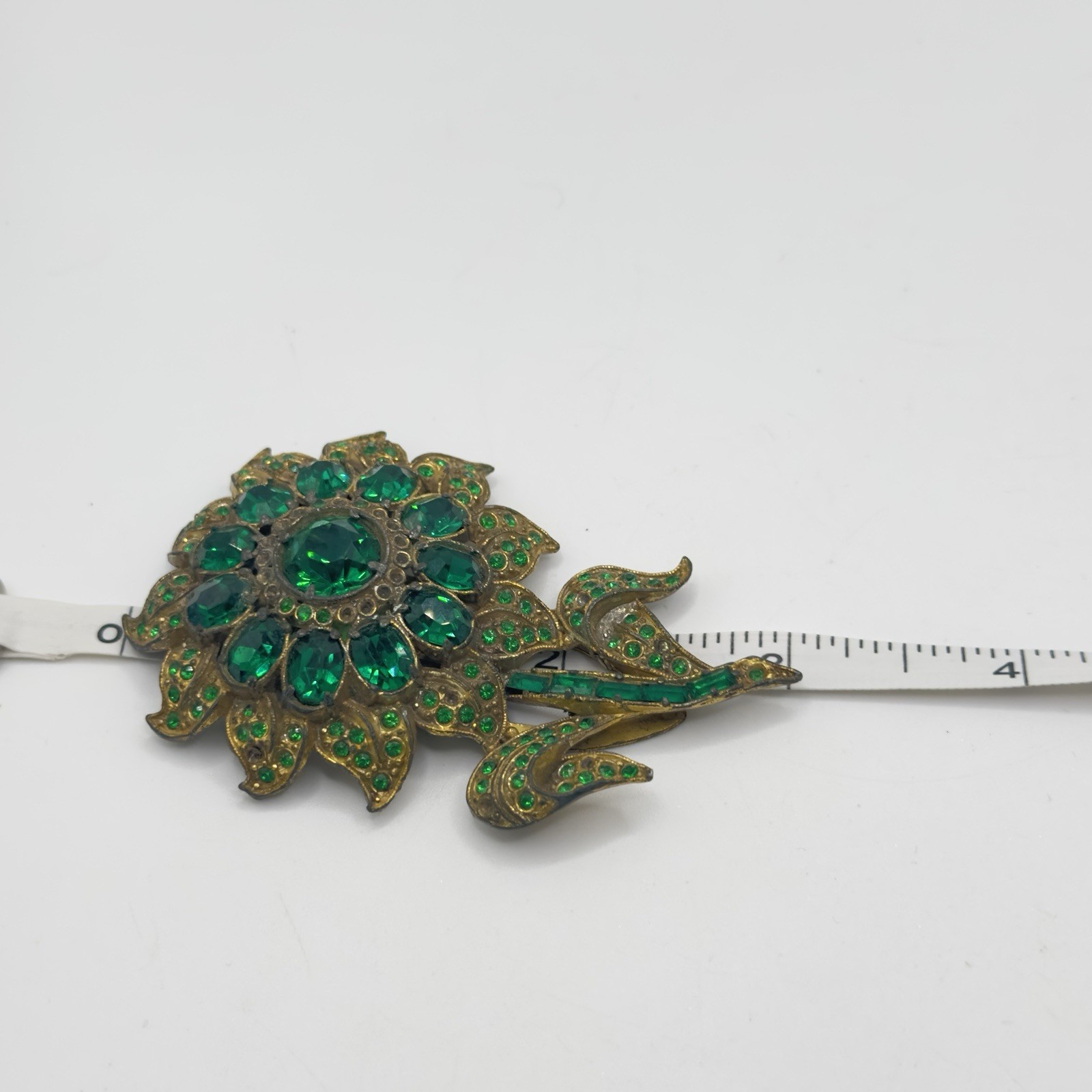 Vintage Pot Metal Dress Clip Flower Gold Tone Green Rhinestones 3″