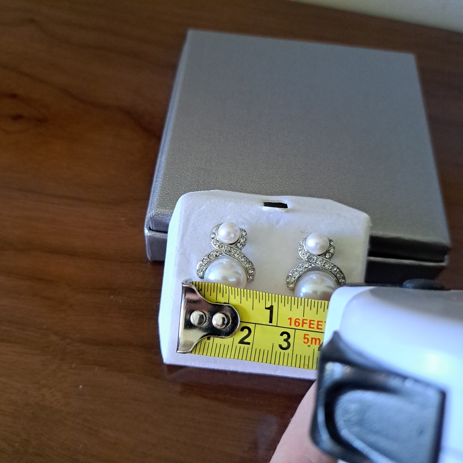 White Faux Two Pearl Stud Earrings Silver Tone With Little Rhinestons Pierced
