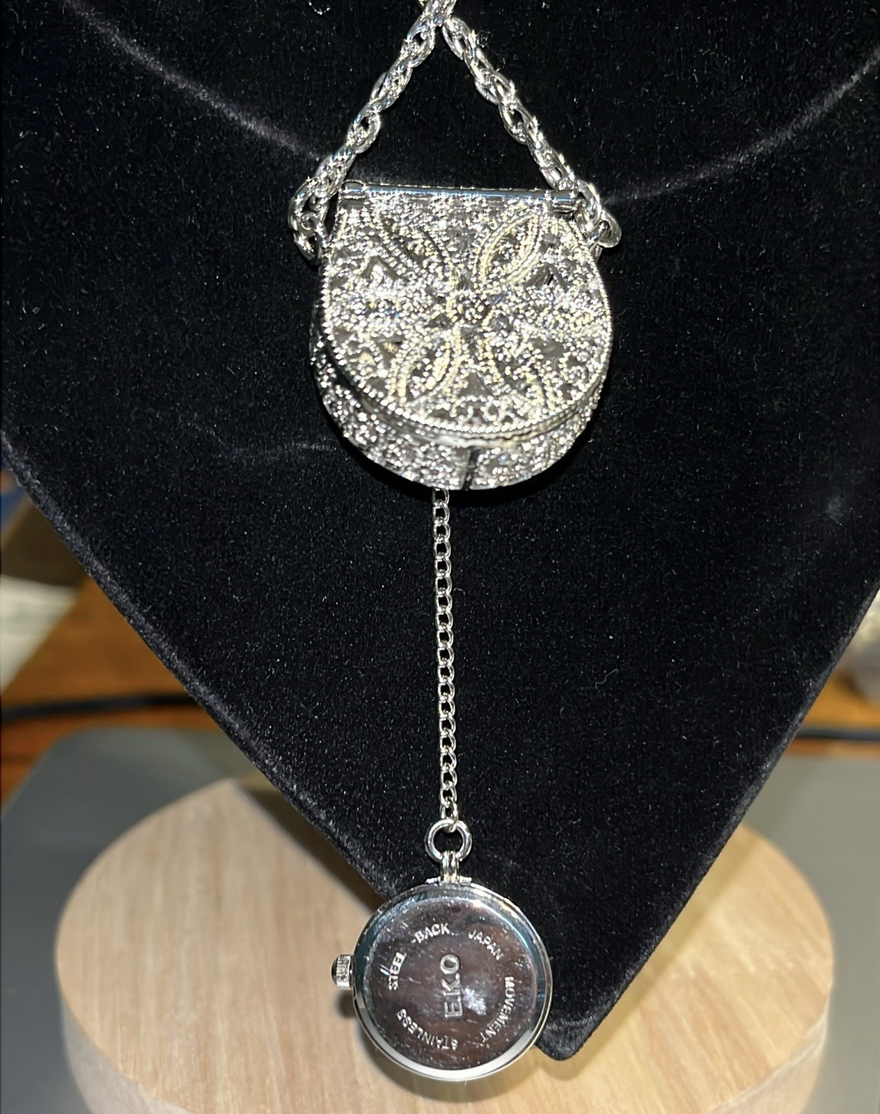 Vintage EKO Purse Pendant Necklace with Quartz Watch 28″ Silver Toned Chain