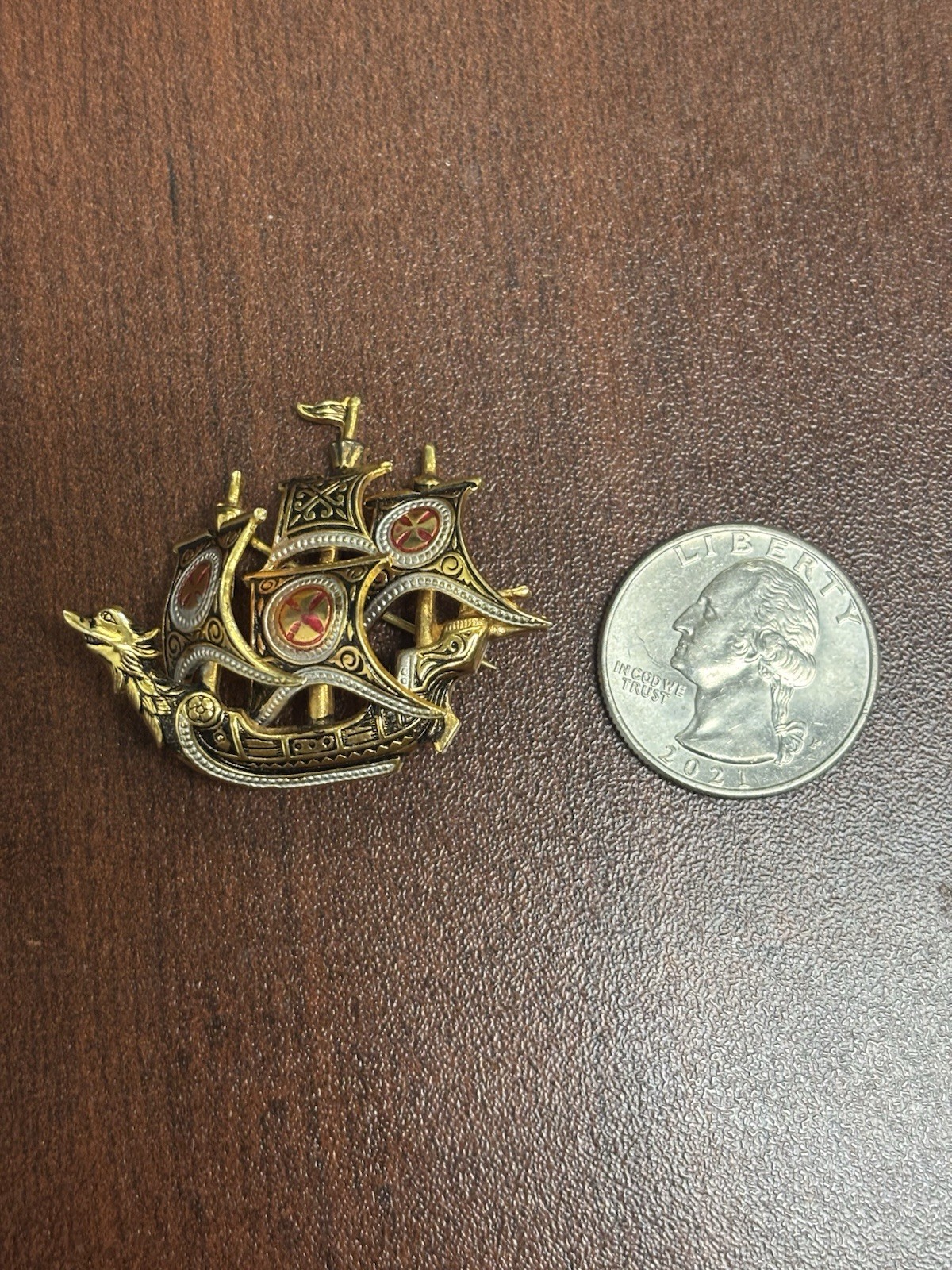 Vintage Damascene Ship Brooch Spanish Galleon Sailing Sail Boat Pin Spain