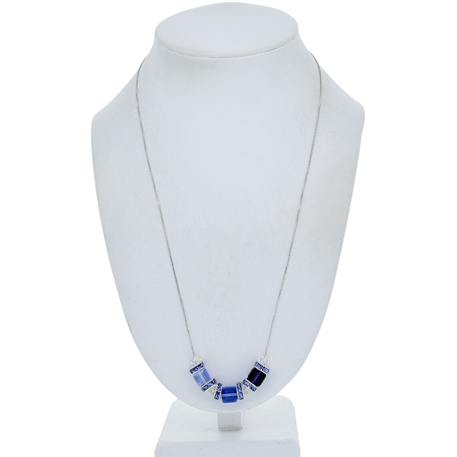 Vintage Italian Sterling Silver 925 Blue Crystal Cube Bead Necklace 22″