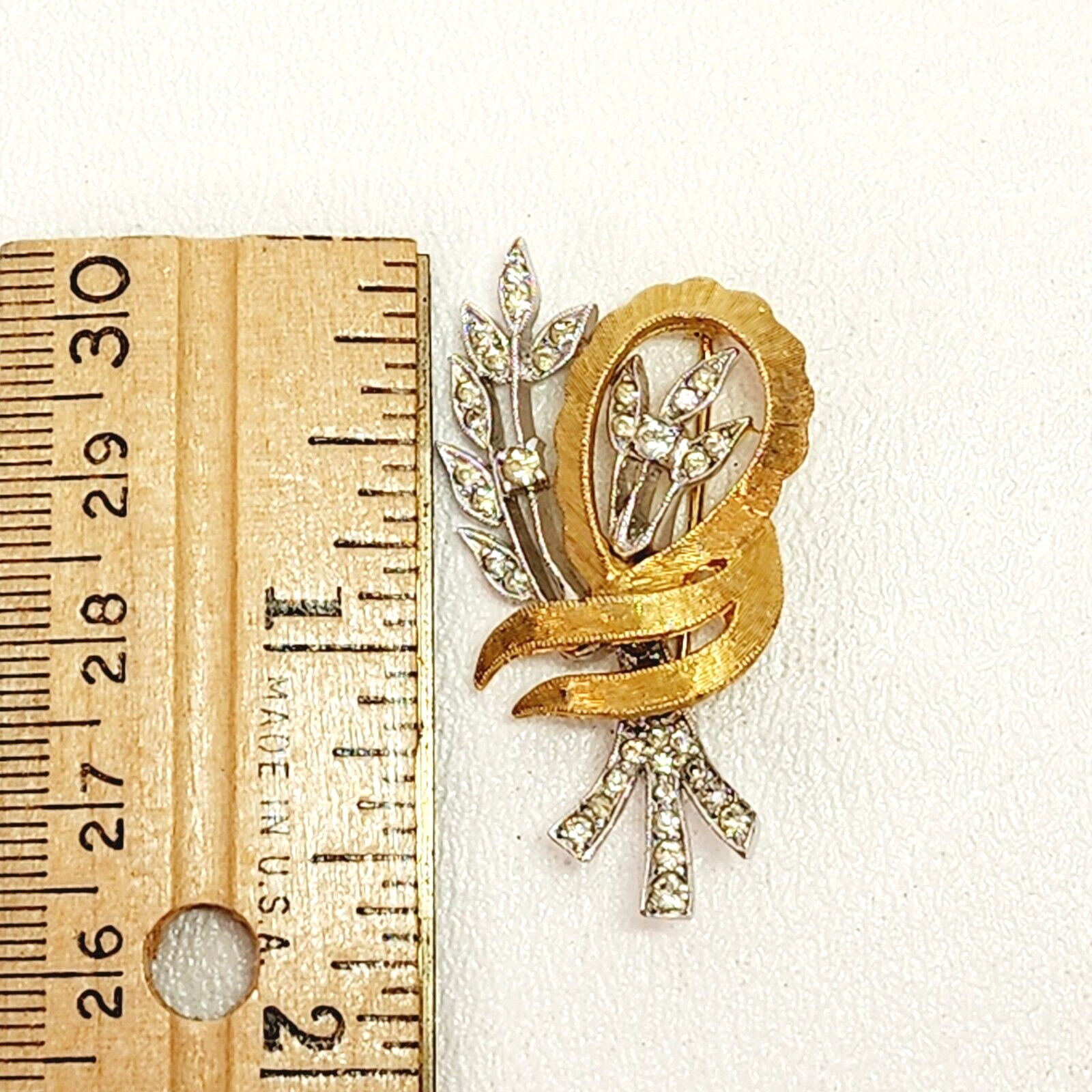 Gold and Silver Tone Flower Leaf Stem Swirl Knot Ribbon Brooch Pin