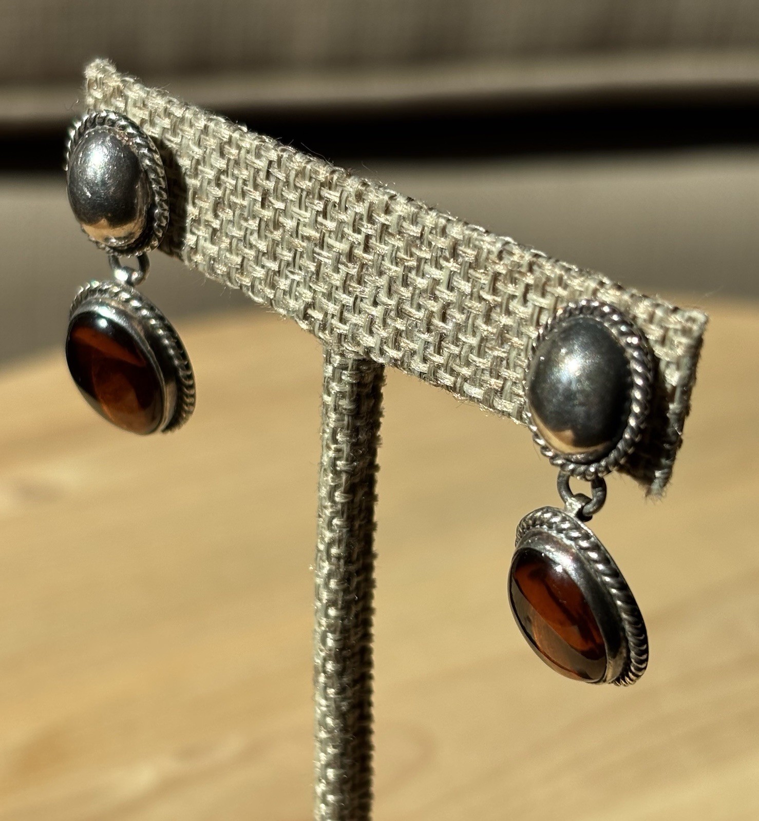 Vtg 925 Sterling Amber Cabochon 1-1/4” Dangle Drop Post Earrings Mexico 8g