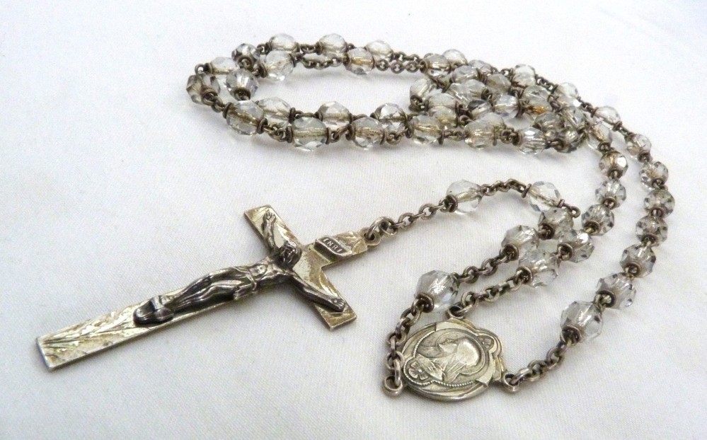 VINTAGE HMH STERLING SILVER SACRED HEART OF JESUS MARY CRYSTAL BEADS ROSARY