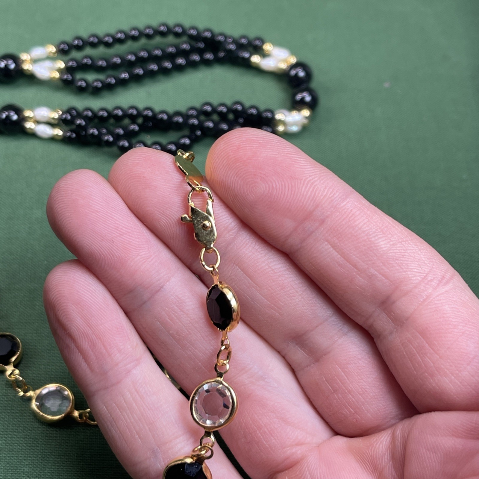 USA Made Austrian Crystal Black Gold Tone Rice Pearls Jewelry 4 Piece Parure Set