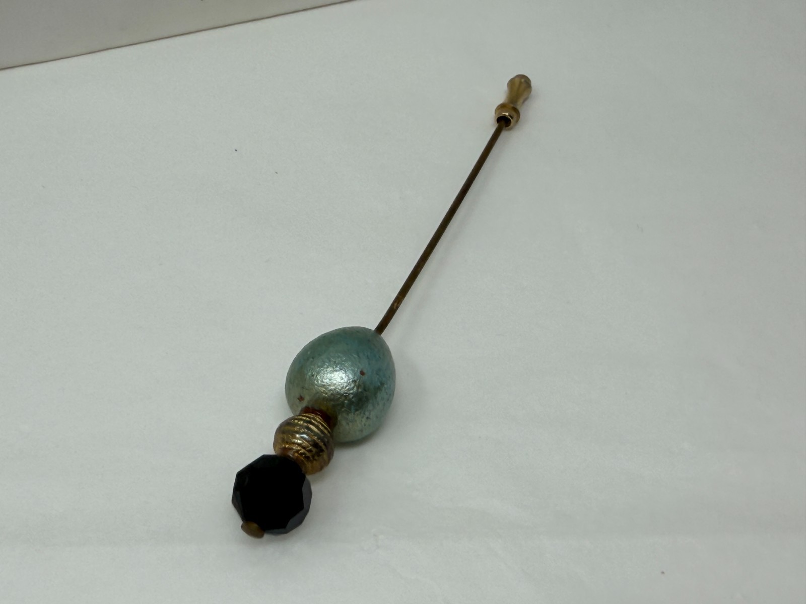 Vintage Gold Tone Light Teal Blue and Black Beaded 4-1/8” Long Hat Stick Pin