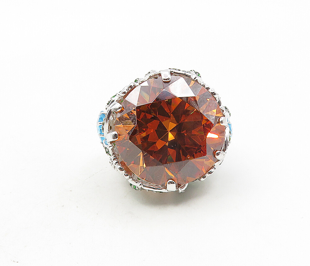 925 Sterling Silver Citrine Cubic Zirconia & Topaz Cocktail Ring Sz 7 RG9180