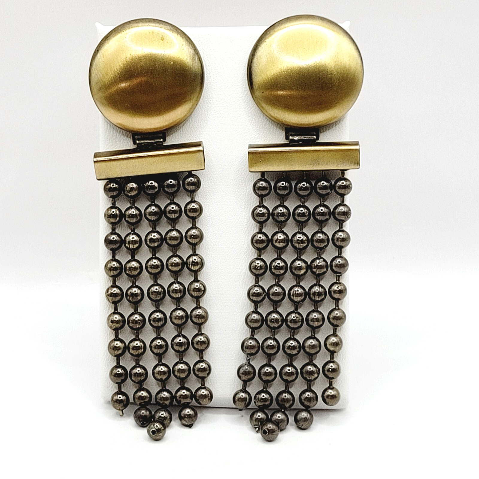 Ball & Chain Fringe Brutalist Runway Style Mixed Metal Tone Vtg Pierced Earrings