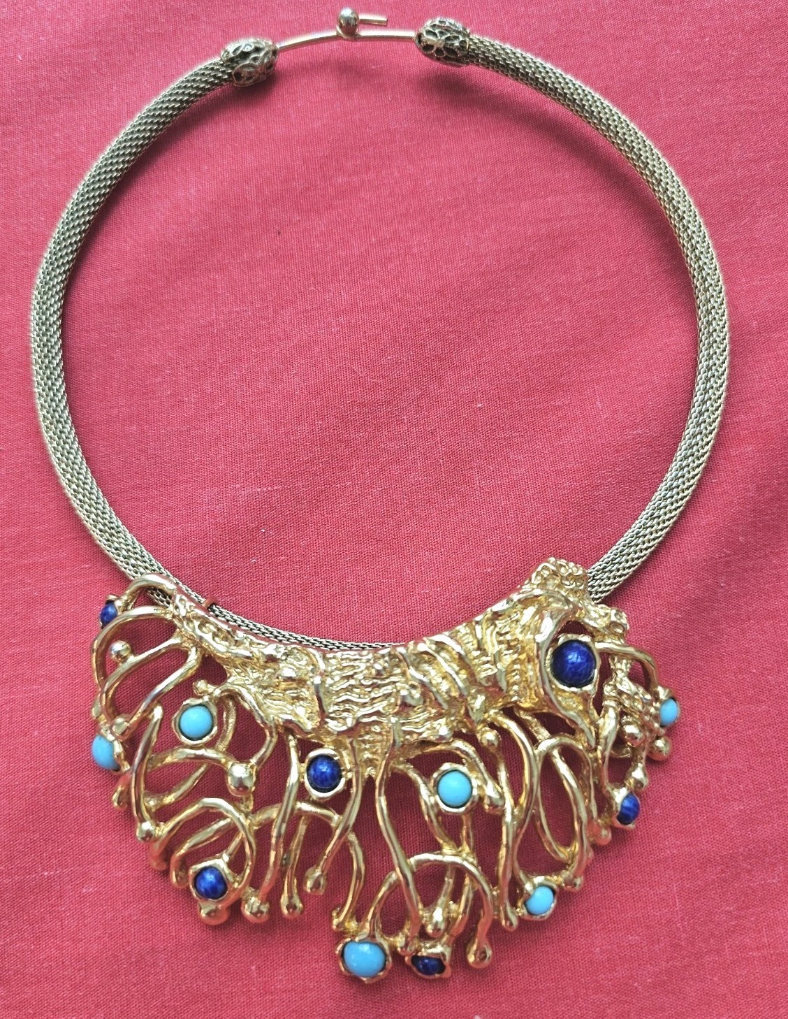 Signed PANETTA Gold tone Pendant Choker Faux Turquoise Lapis Cabochon Brutalist