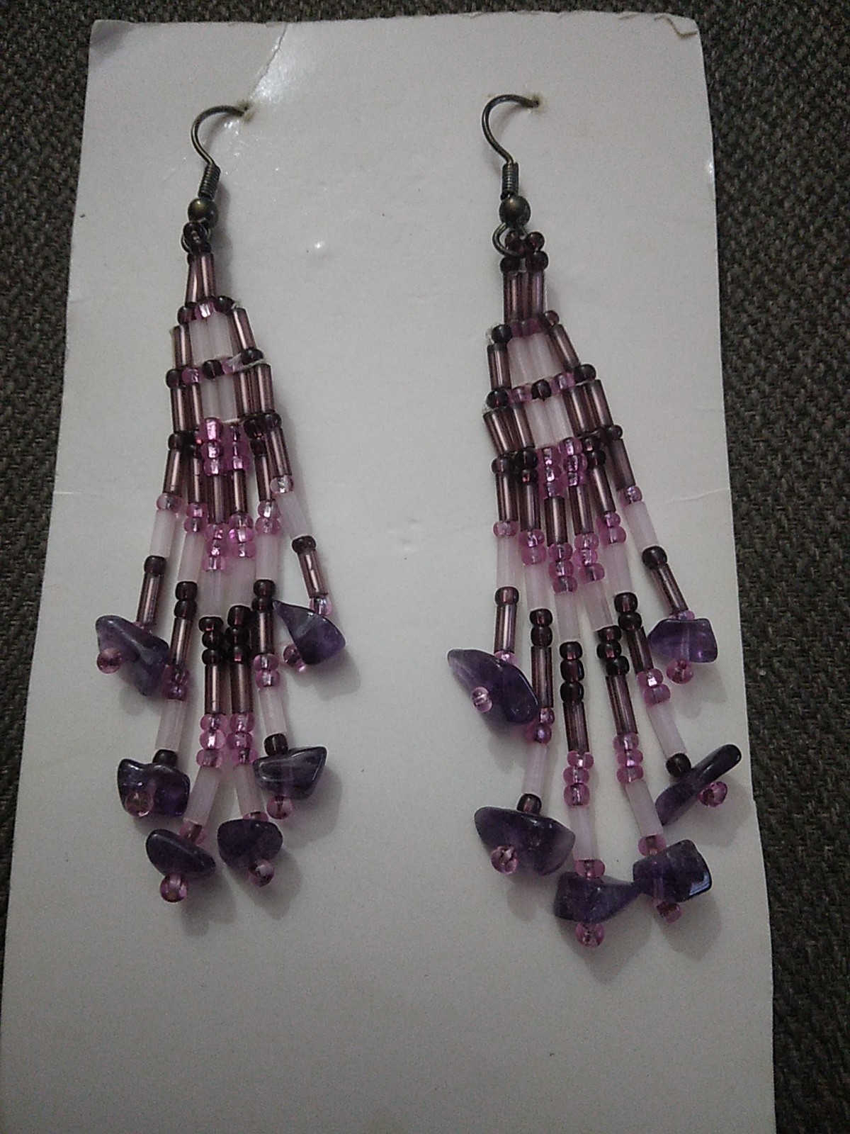 Vintage Dangle Seed Bead Beaded Earrings Long Purple Pink White 3.25″Long