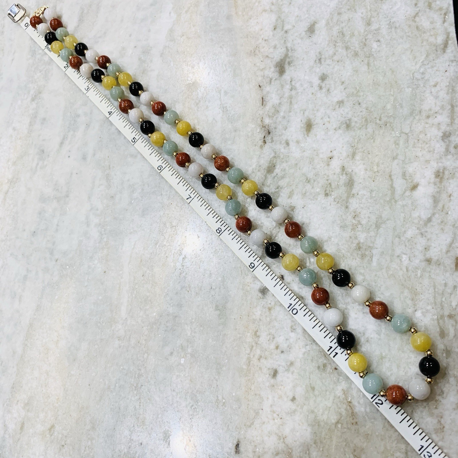 VTG JADE MULTICOLOR NECKLACE 14K Yellow Gold Beads Clasp 8mm Jadite ~55gr WW 25”