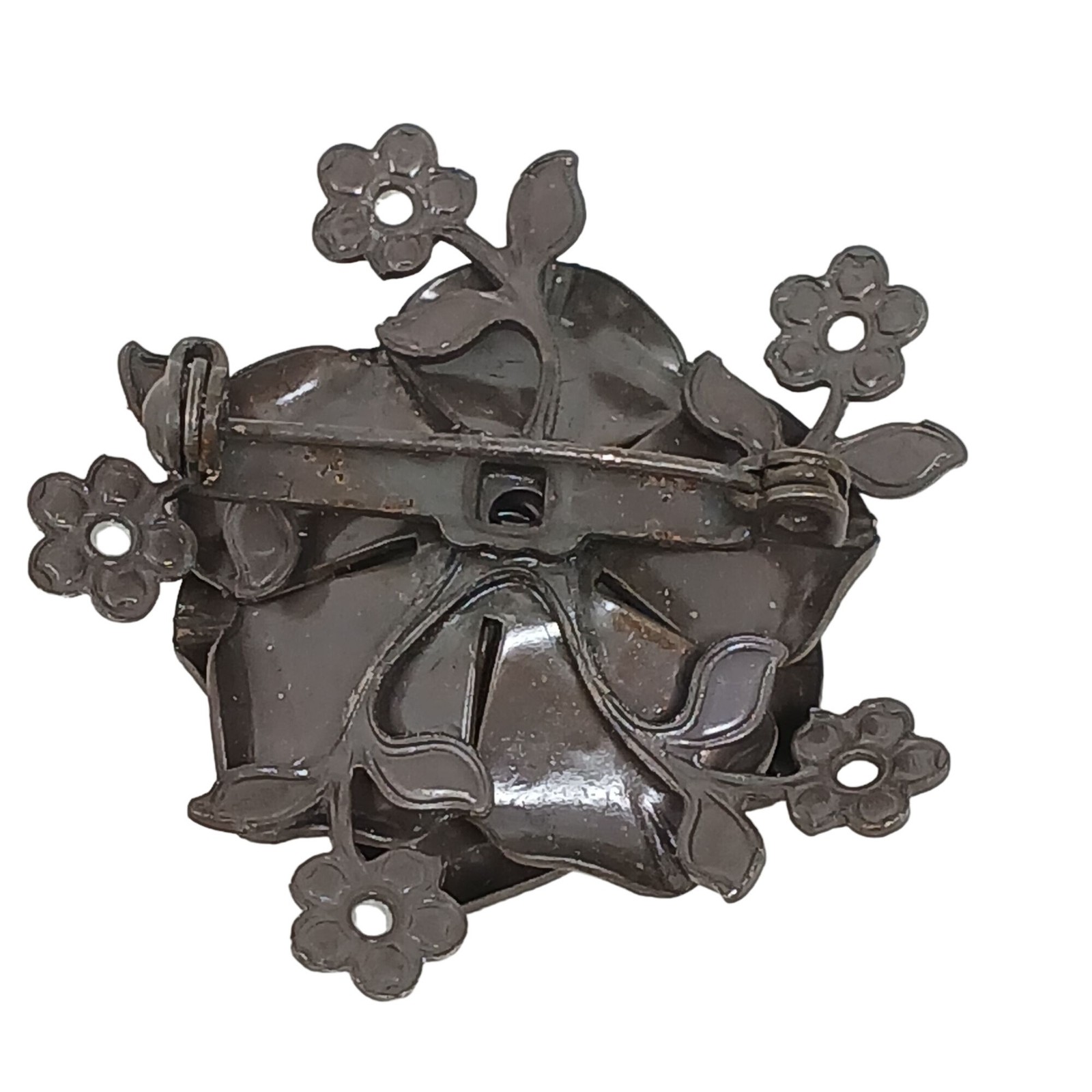 Vintage Pewter Tone Wild Rose Brooch Pin With Faux Pearls 1.5″ #G-10