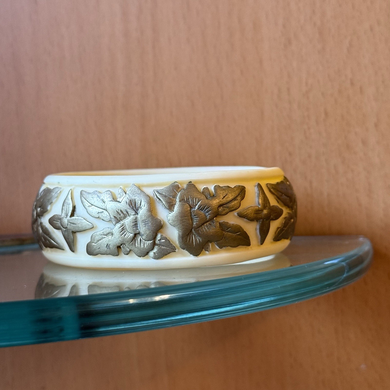 French Ivory? Celluloid Bangle Carved Floral Rose Motif Matte Finish Circa 1920?