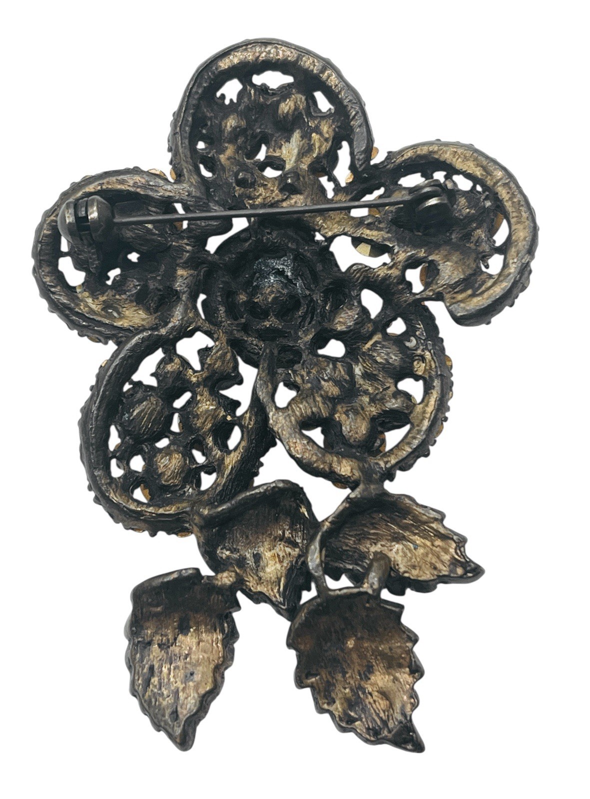 Vintage 1980’s Champagne & Olivine Glam Large Flower Glass Rhinestone Brooch