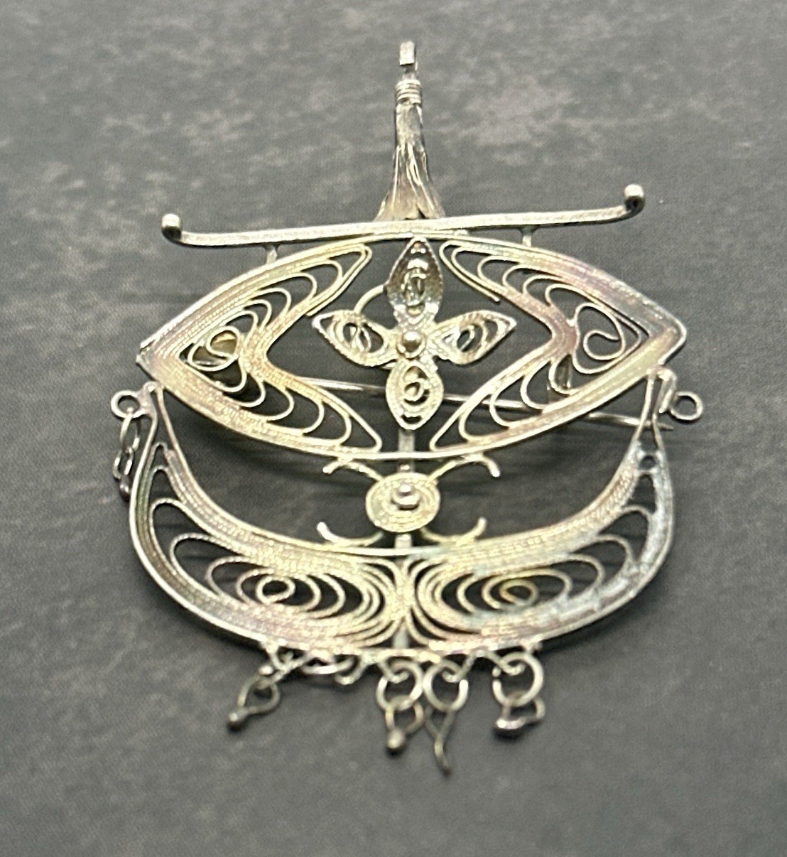 Vintage Sterling Silver Filigree Viking Ship Pin Pendant