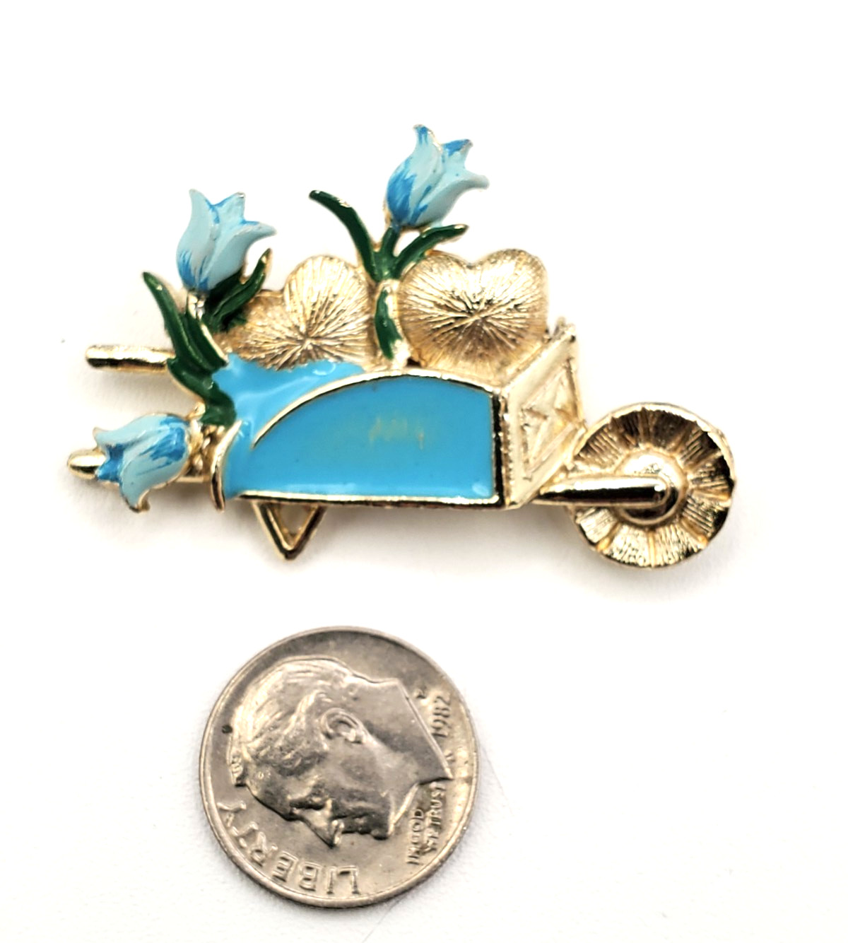 Vintage Gold Tone Blue Enamel Flowers and Hearts in Wagon Brooch Pin