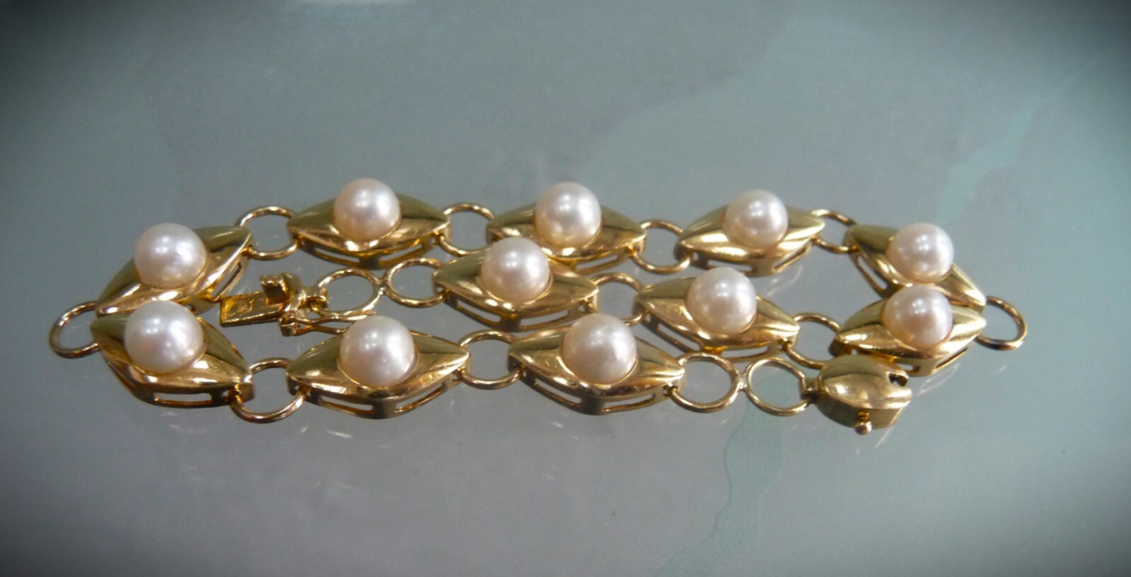 BEAUTIFUL MIKIMOTO LIKE QUALITY 14K 585 CULTURED AKOYA PEARL LINK BRACELET!