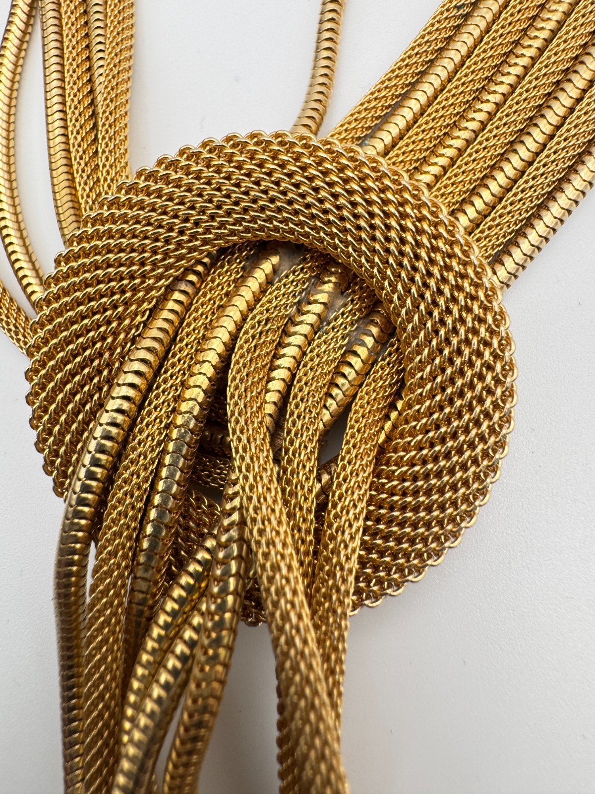 Vintage Mesh Necklace Multi Strand Snake Chain Tassel Knot Fringe Gold Tone