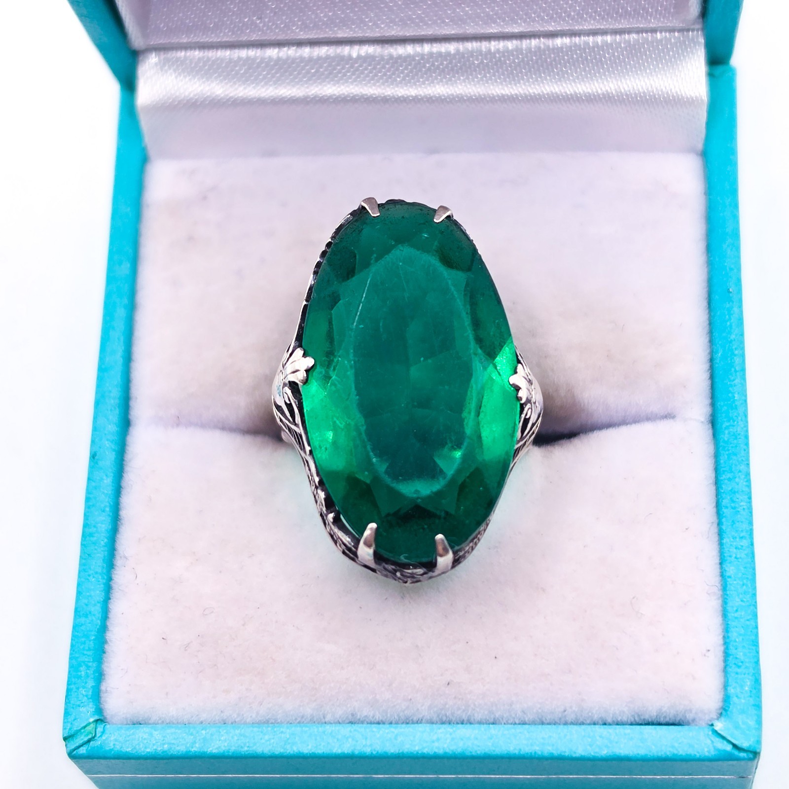 Vintage Art Deco Sterling Dark Green Glass 1930s 925 Silver Size 3.5