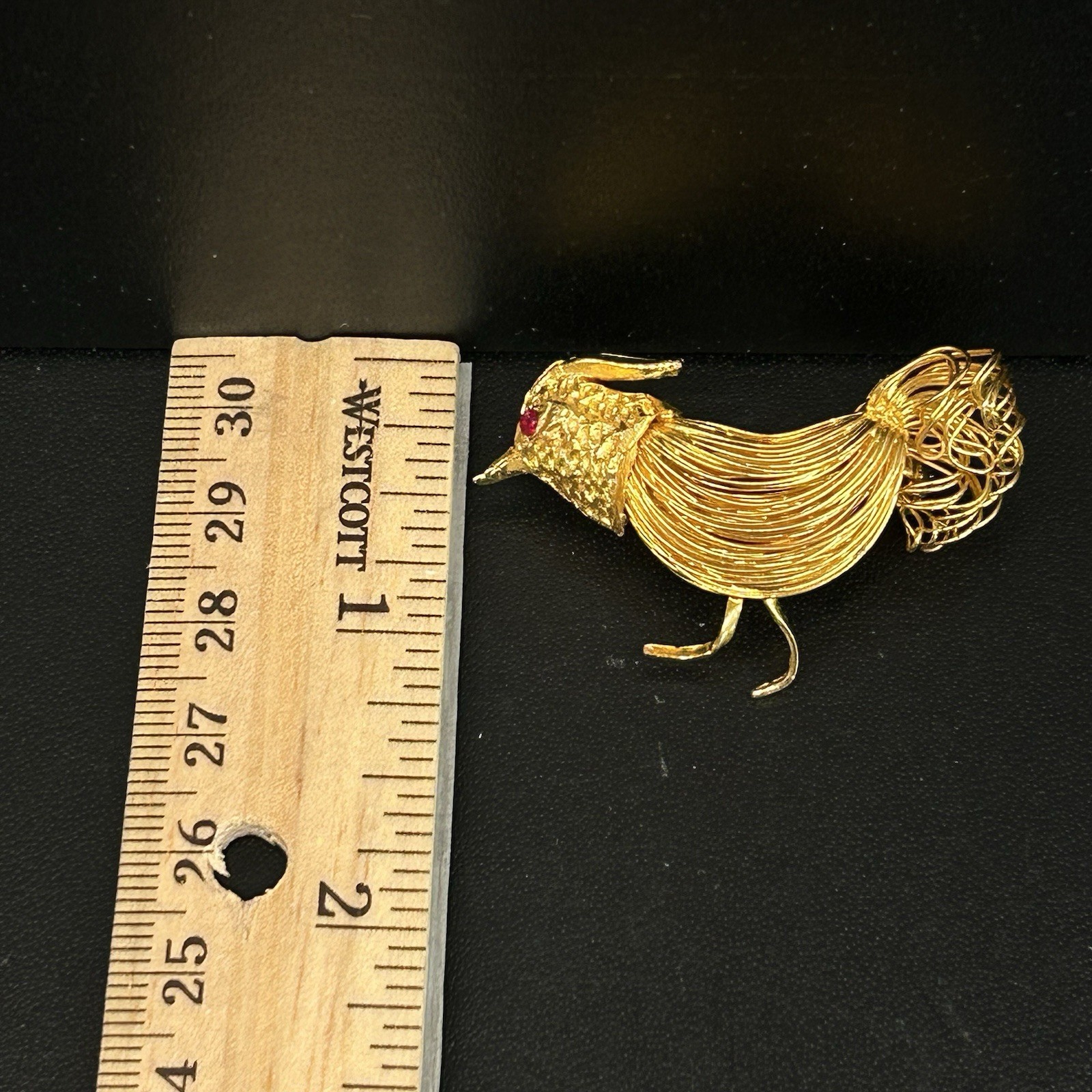 1960’s Vintage Wire Goldtone Quail Brooch 2 1/2 inch With Red Rhinestone Eye