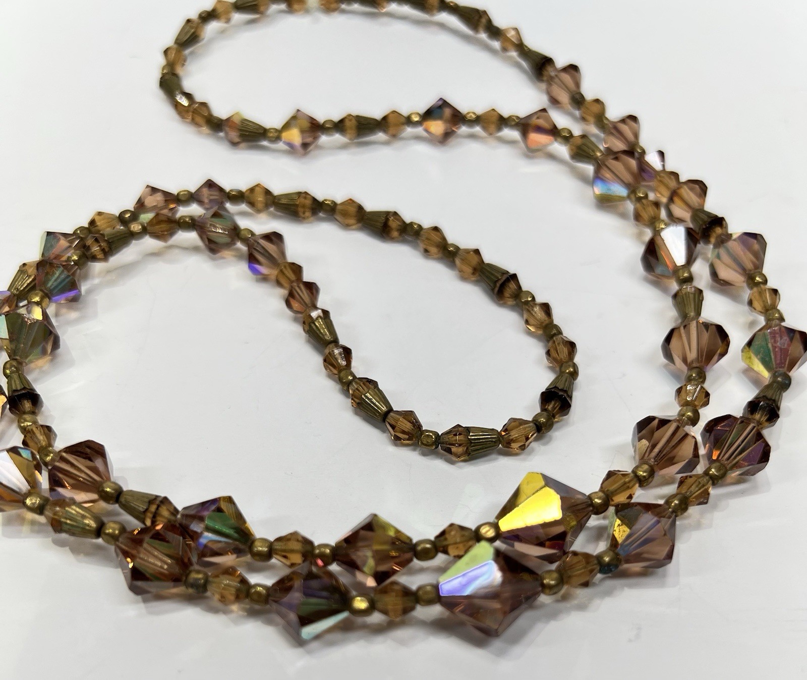 Vintage Faceted Bicone Crystal AB Bronze & Metal Spacers Long Graduated Necklace