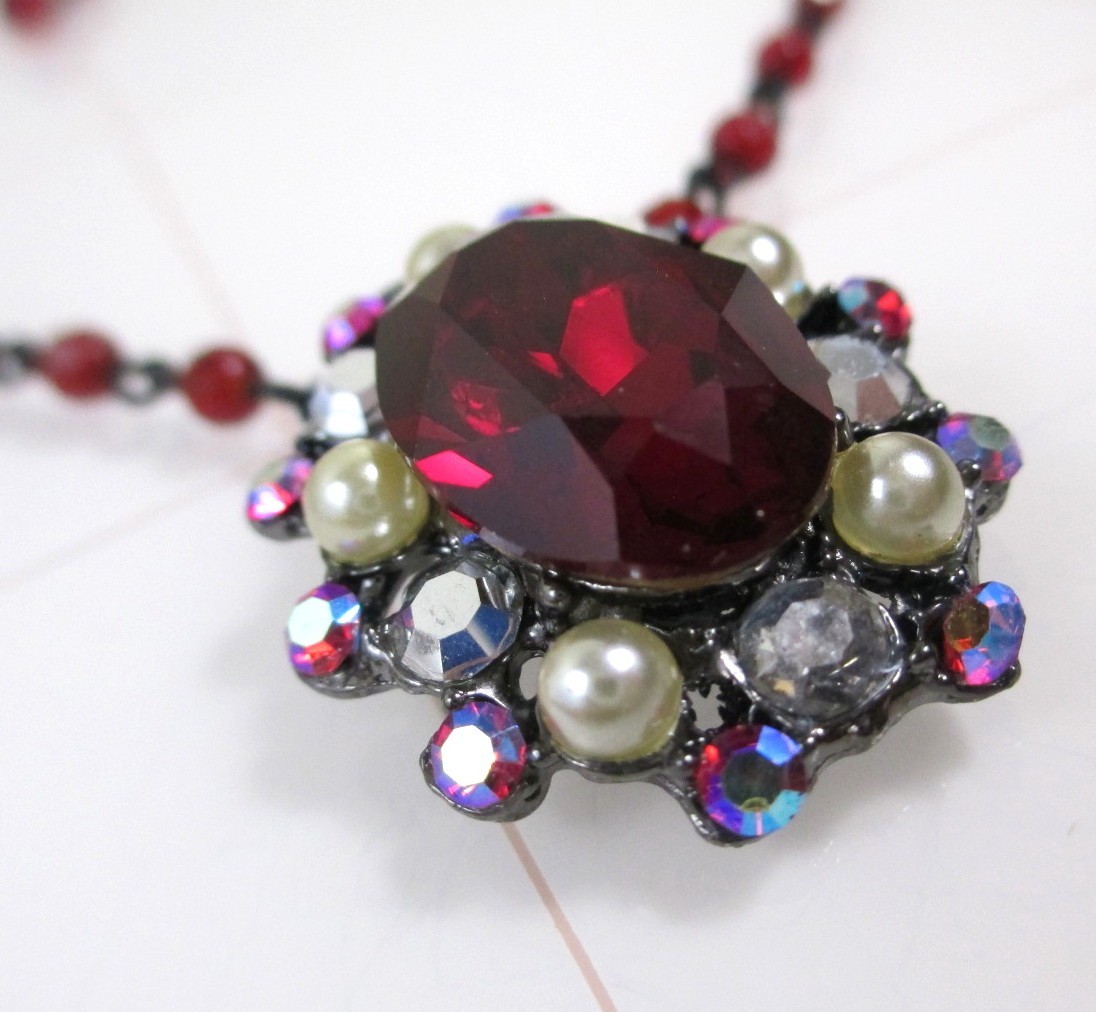 Vintage Ruby Red AB Rhinestone Choker Necklace Tiara Misu Signed Aurora Borealis