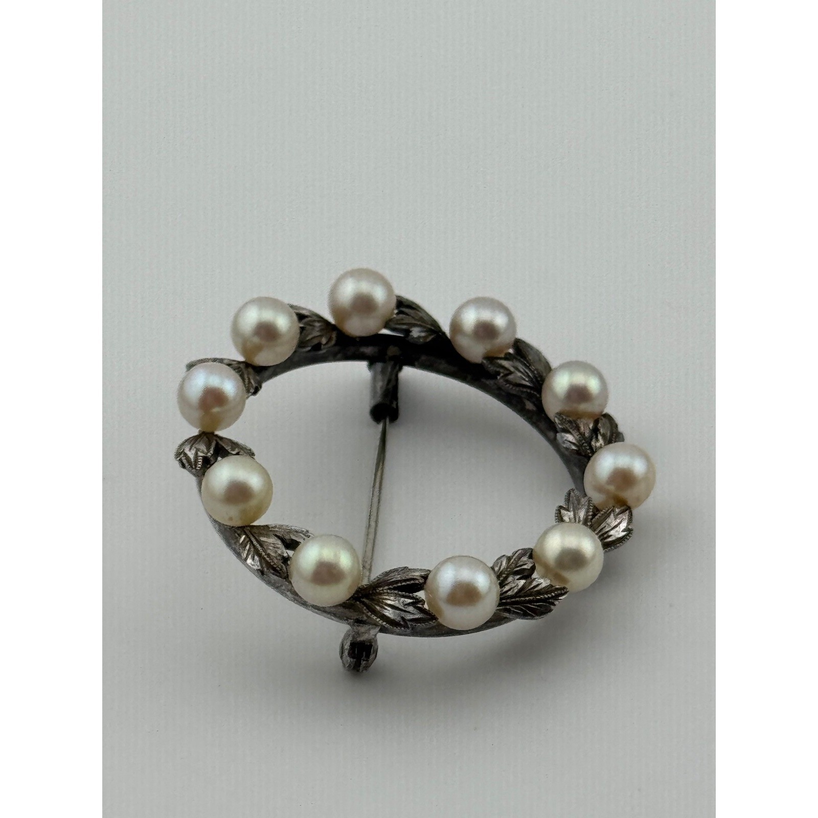 Vintage Mikimoto Wreath Brooch Sterling Silver Pearl Leaf Design Pin