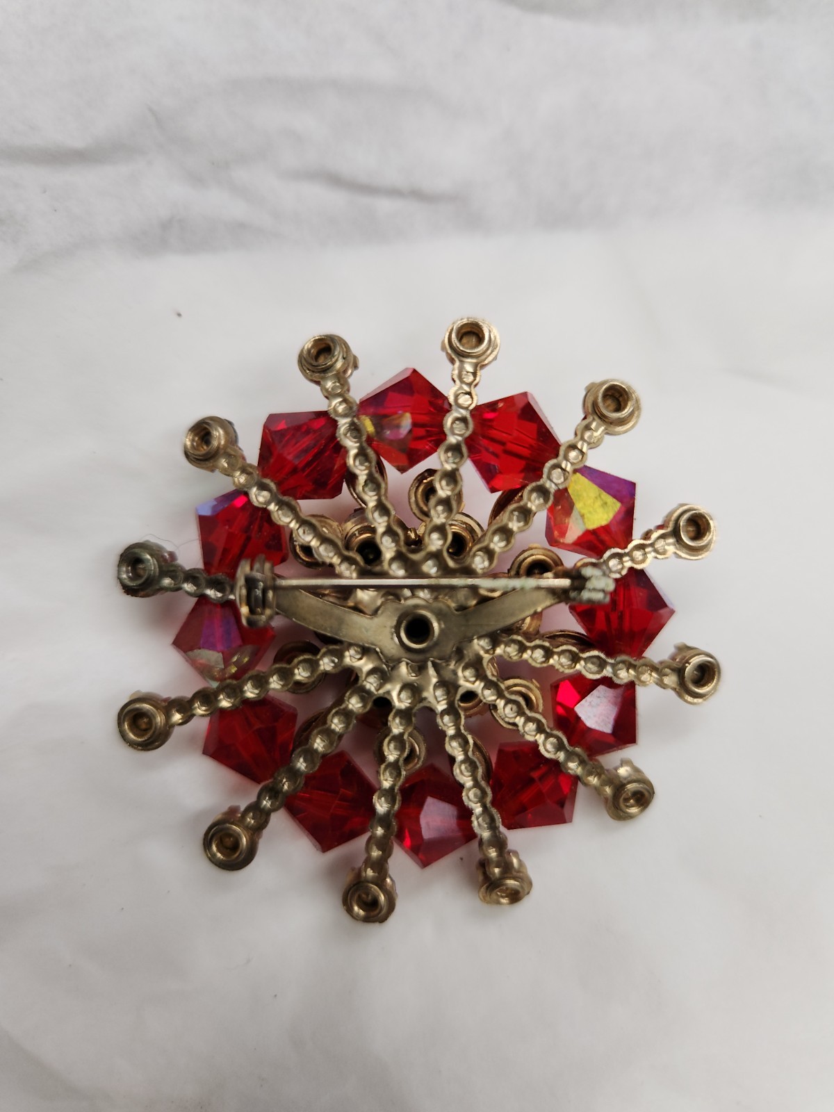 VTG Mid-Century Starburst Red Iridescent Rhinestone & Crystal Beads Brooch