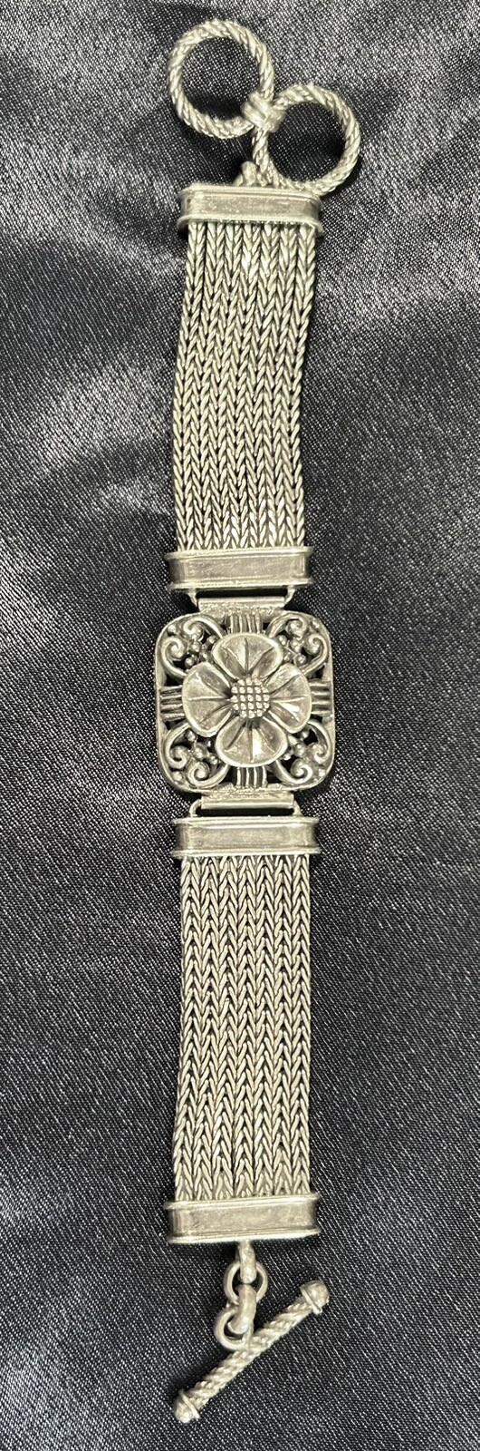 Vintage Floral .925 Sterling Silver Multi Strand Wheat Chain Bracelet