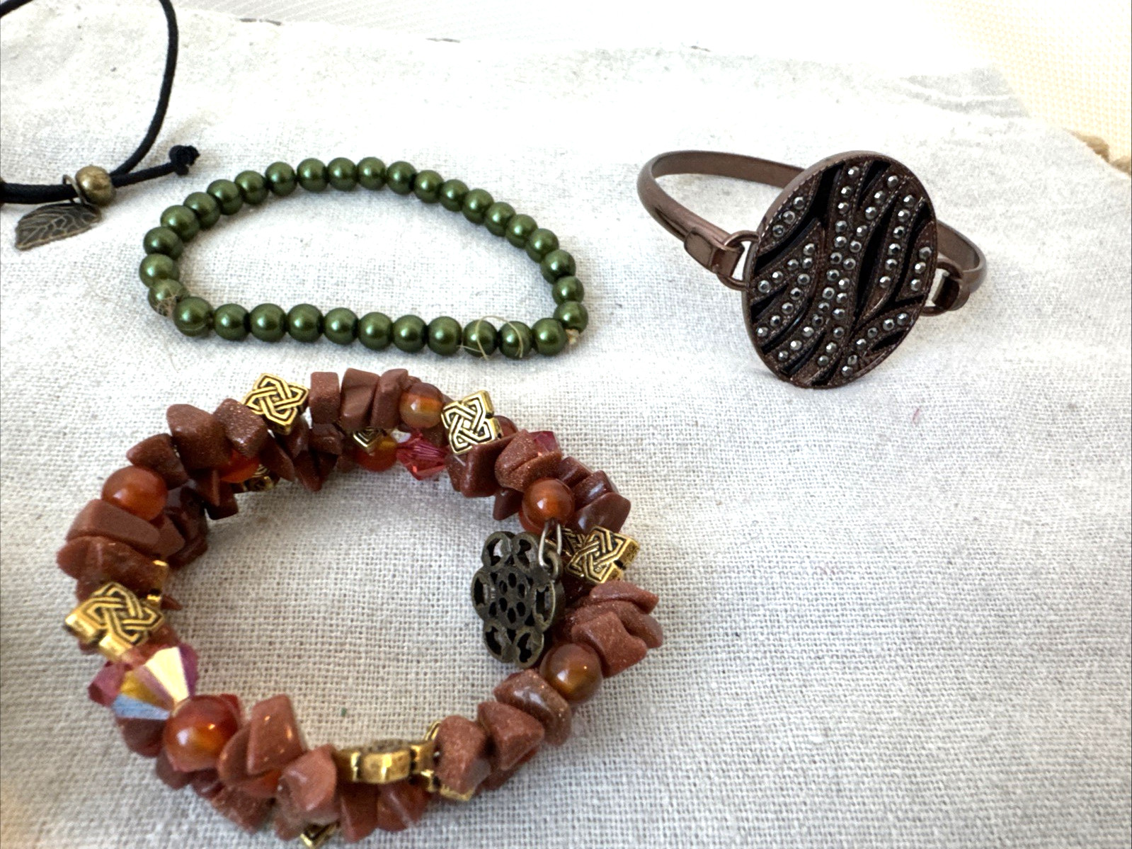 14 Bracelets earthtones glass beads shell textured Goldstone Lot boho 90s hippie