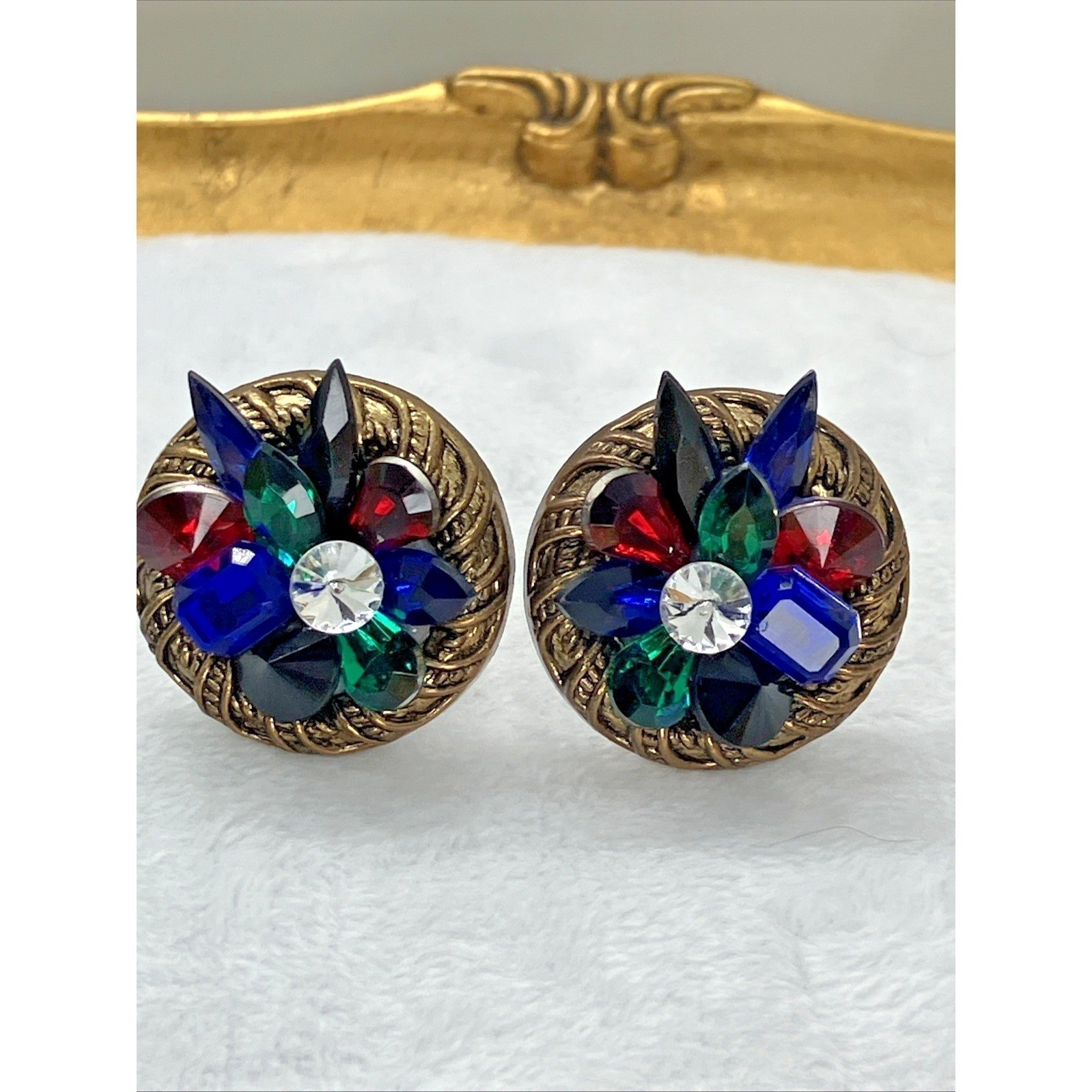 Vtg Colorful Rhinestone Cluster Clip On Earrings Plastic Lightweight Bold 80s