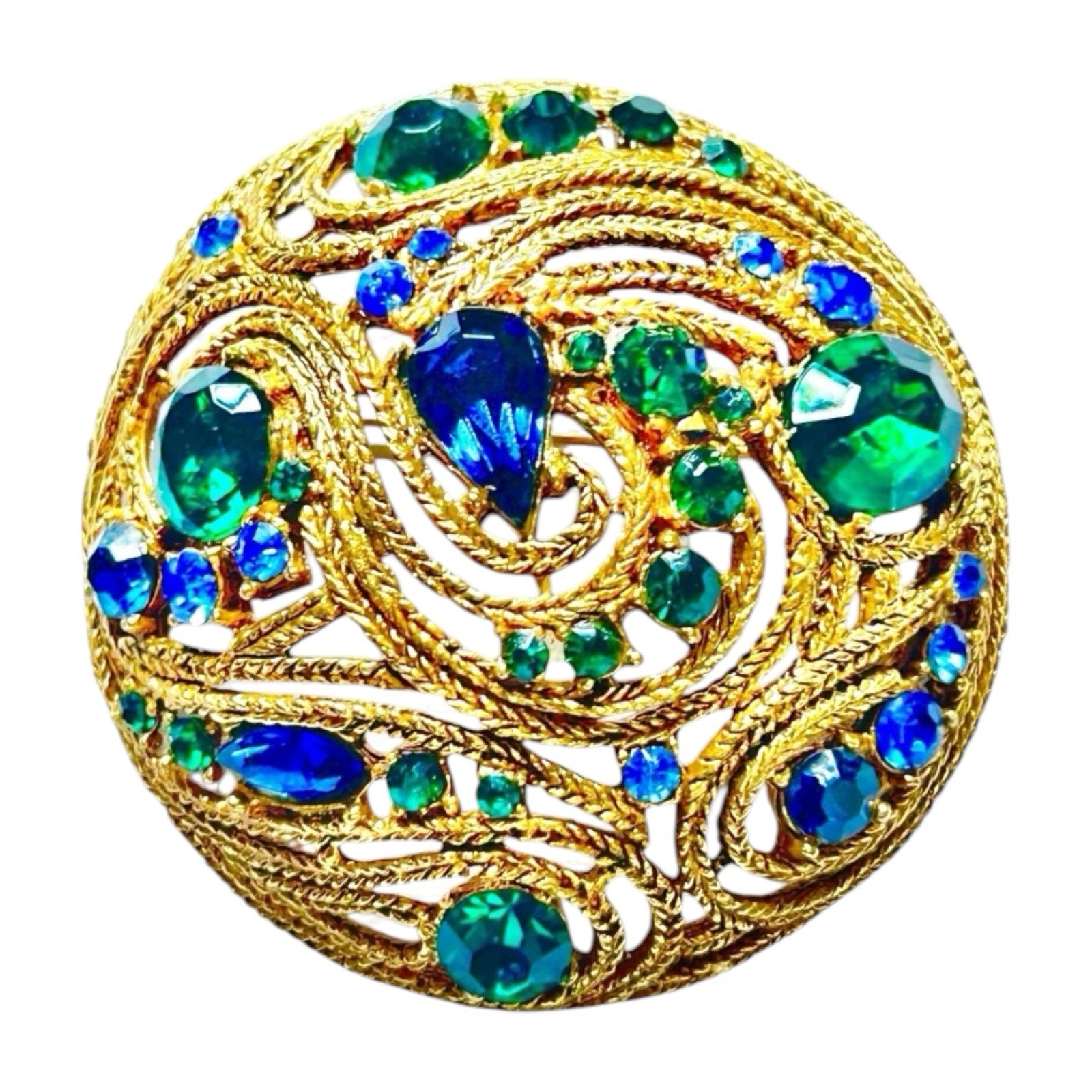 VTG La Roco DOMED BROOCH Blue Green Faceted Stones Braided Goldtone MCM Peacock