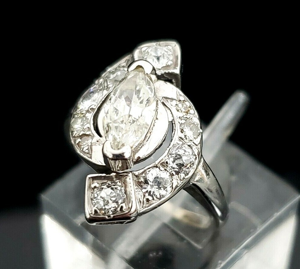 Antique 14 Karat White Gold 1.00 CTW Marquise Diamond Engagement Ring. #VR67