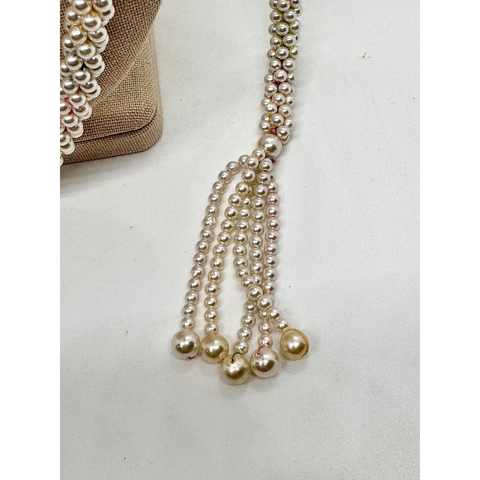 Vintage Faux Pearl Lariat Necklace Multi Strand Woven Tassel Wrap Cream 48 Inch