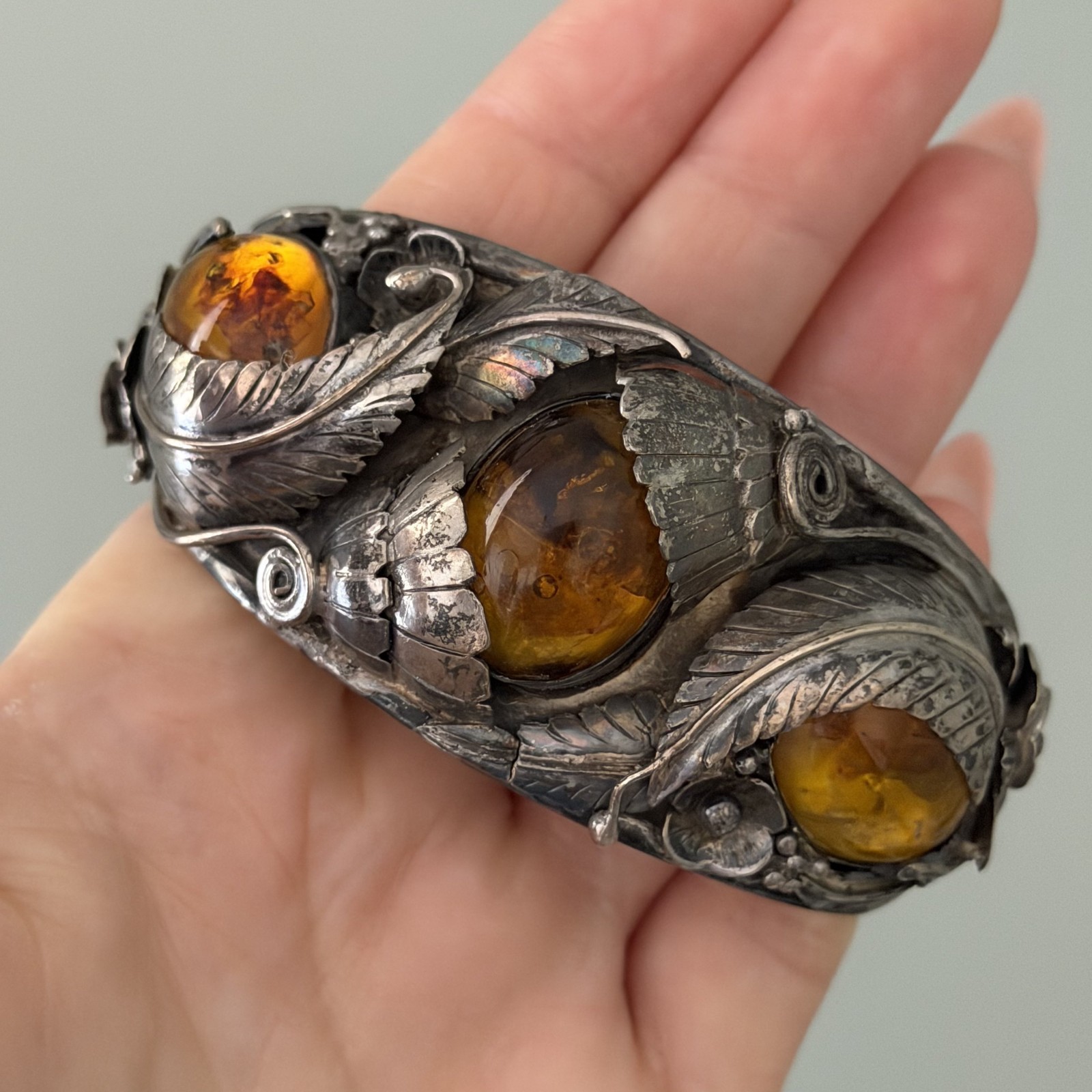 Vintage Sterling Silver Big Chunky Amber Leaf Southwest Cuff Bracelet Heavy