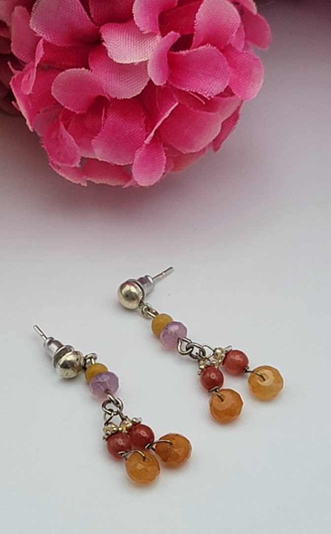 Vintage Sterling Silver Multicolor Gemstone Drop Earrings 1.25″ Pierced Dainty