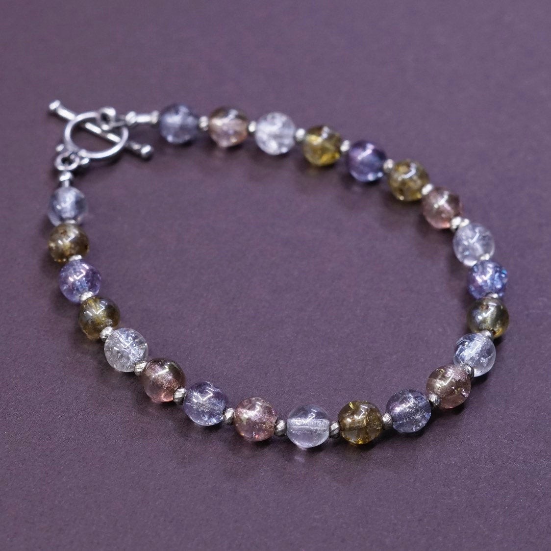 7″, vtg Sterling silver handmade chain crystal beads bracelet w/ toggle closure