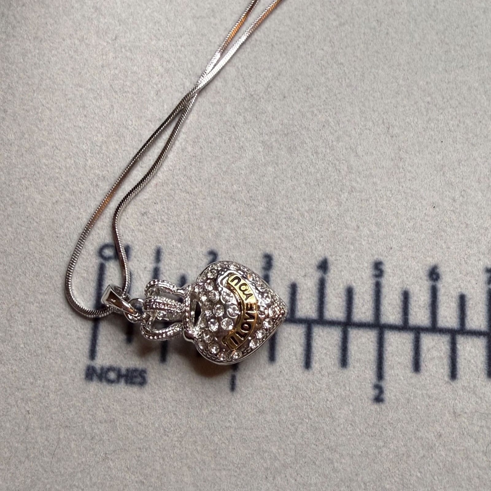 Rhinestone Crown Heart Silver & Gold Tone I LOVE YOU Pendant Necklace Y2K 2000s